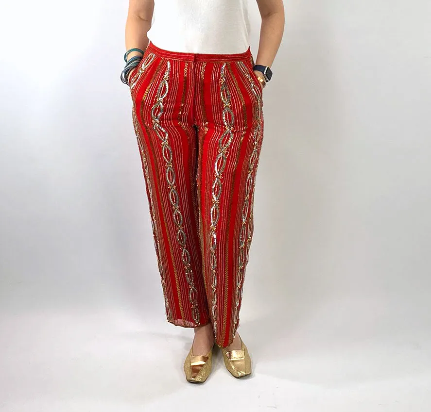 70s Red Chiffon Evening Pants Beads & Sequins Women's Vintage Medium VFG