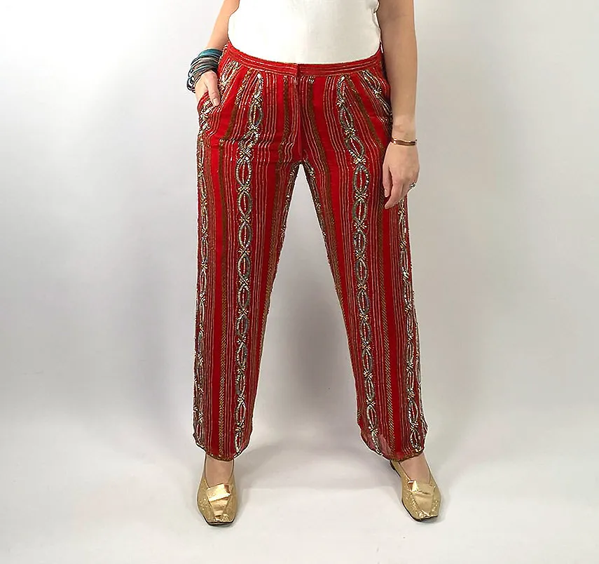 70s Red Chiffon Evening Pants Beads & Sequins Women's Vintage Medium VFG