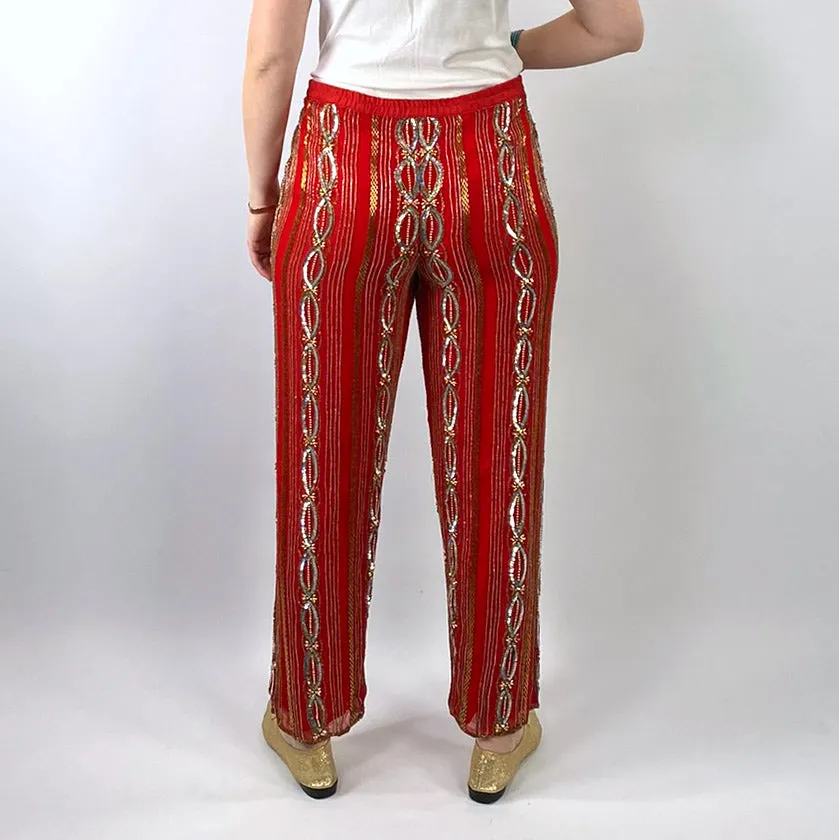 70s Red Chiffon Evening Pants Beads & Sequins Women's Vintage Medium VFG