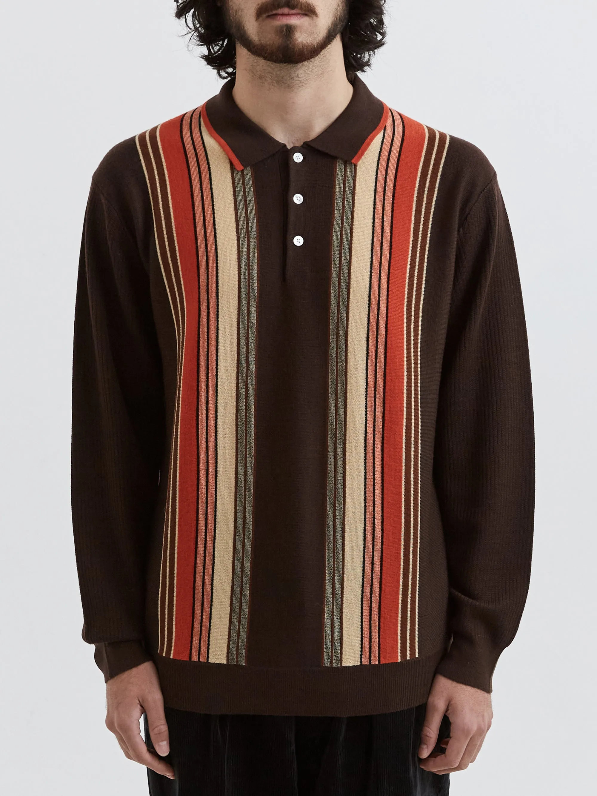 Beams Plus Knit Polo Stripe - Dark Brown