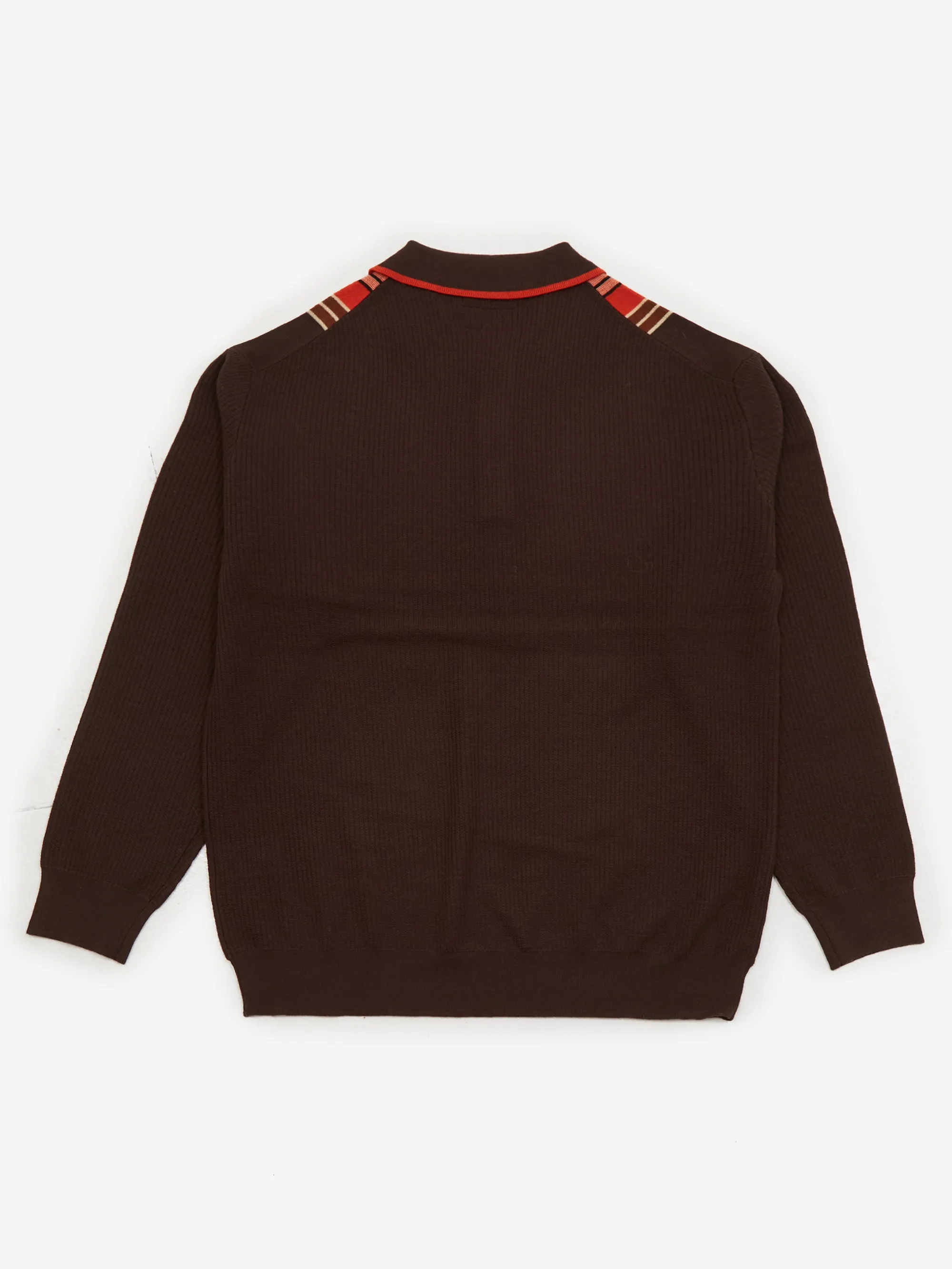 Beams Plus Knit Polo Stripe - Dark Brown