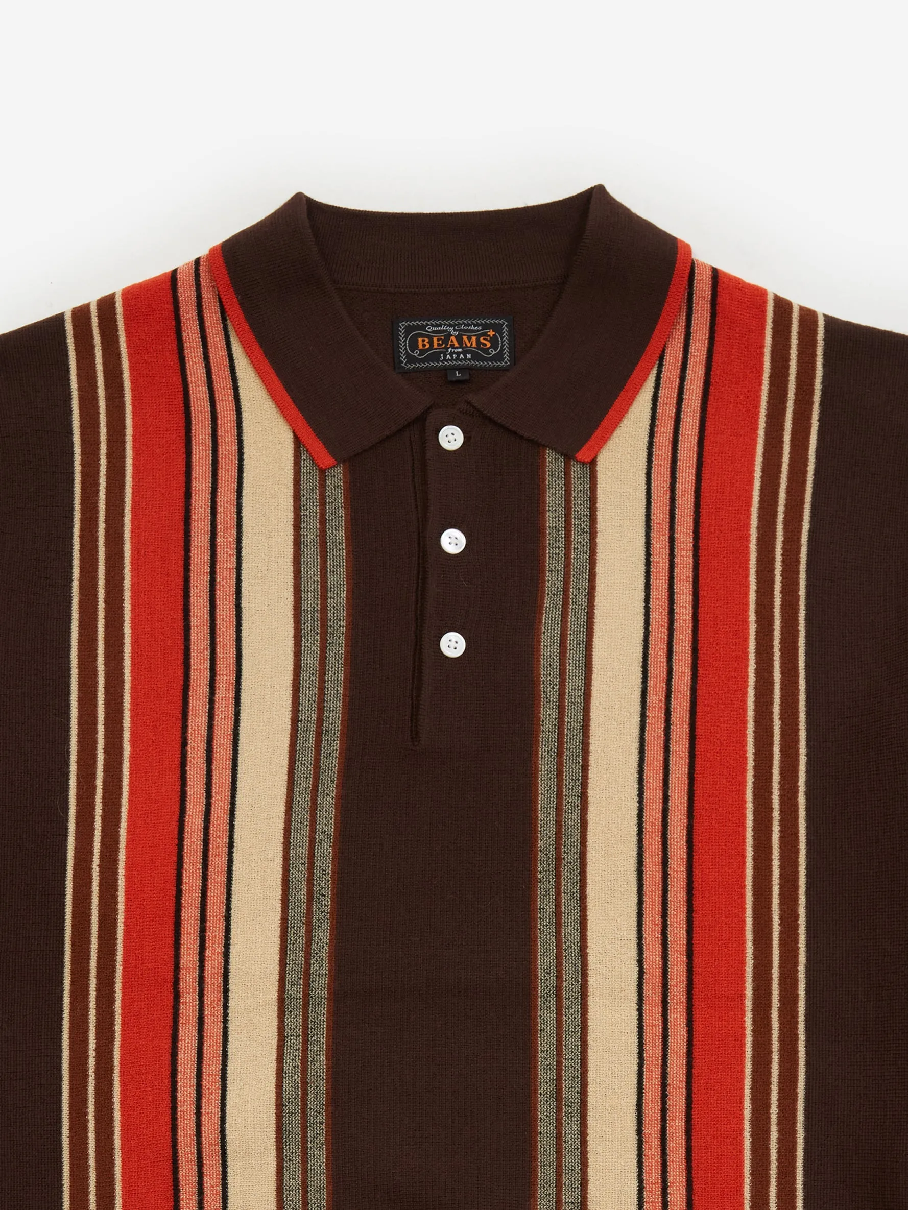 Beams Plus Knit Polo Stripe - Dark Brown