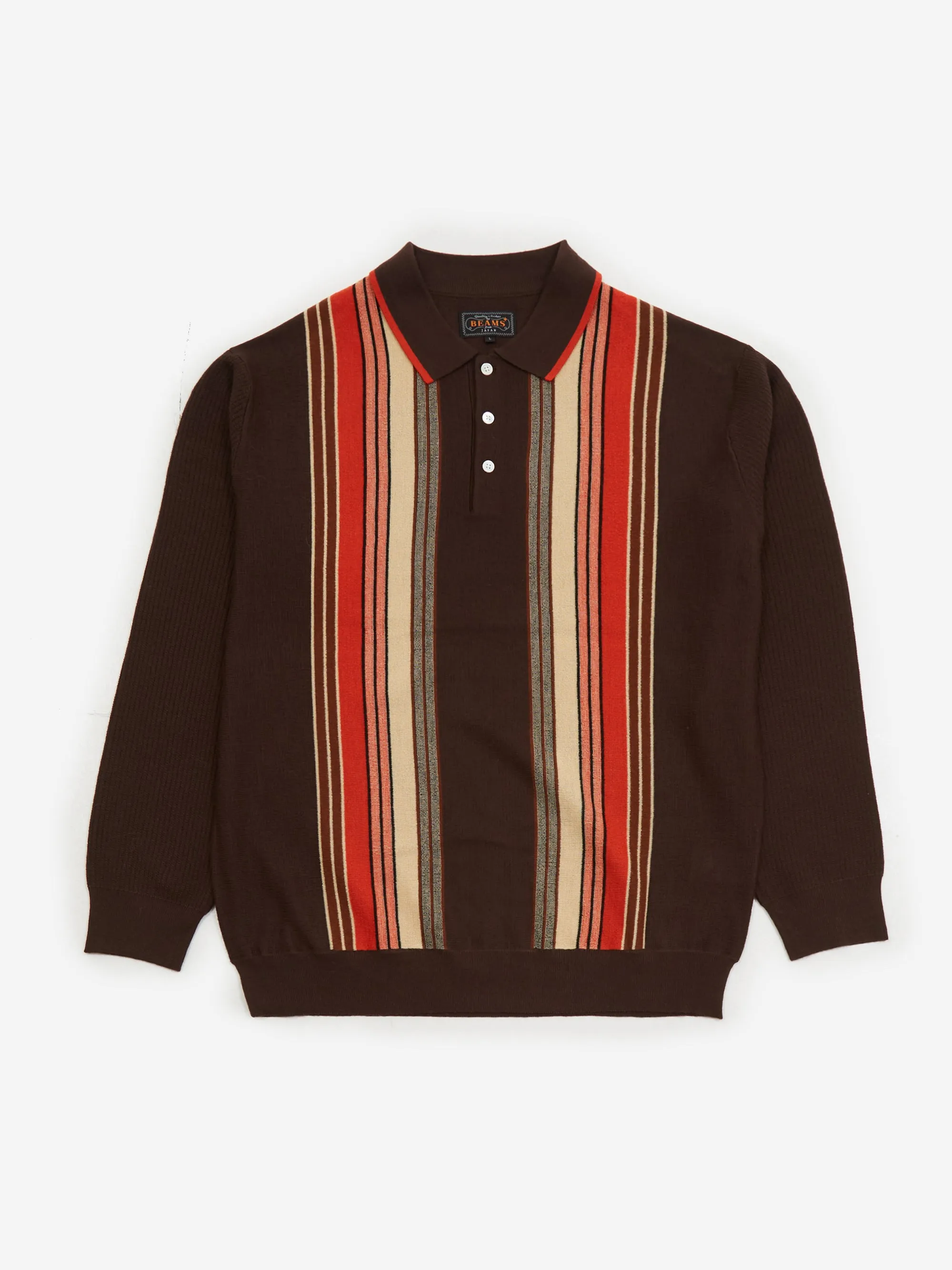 Beams Plus Knit Polo Stripe - Dark Brown