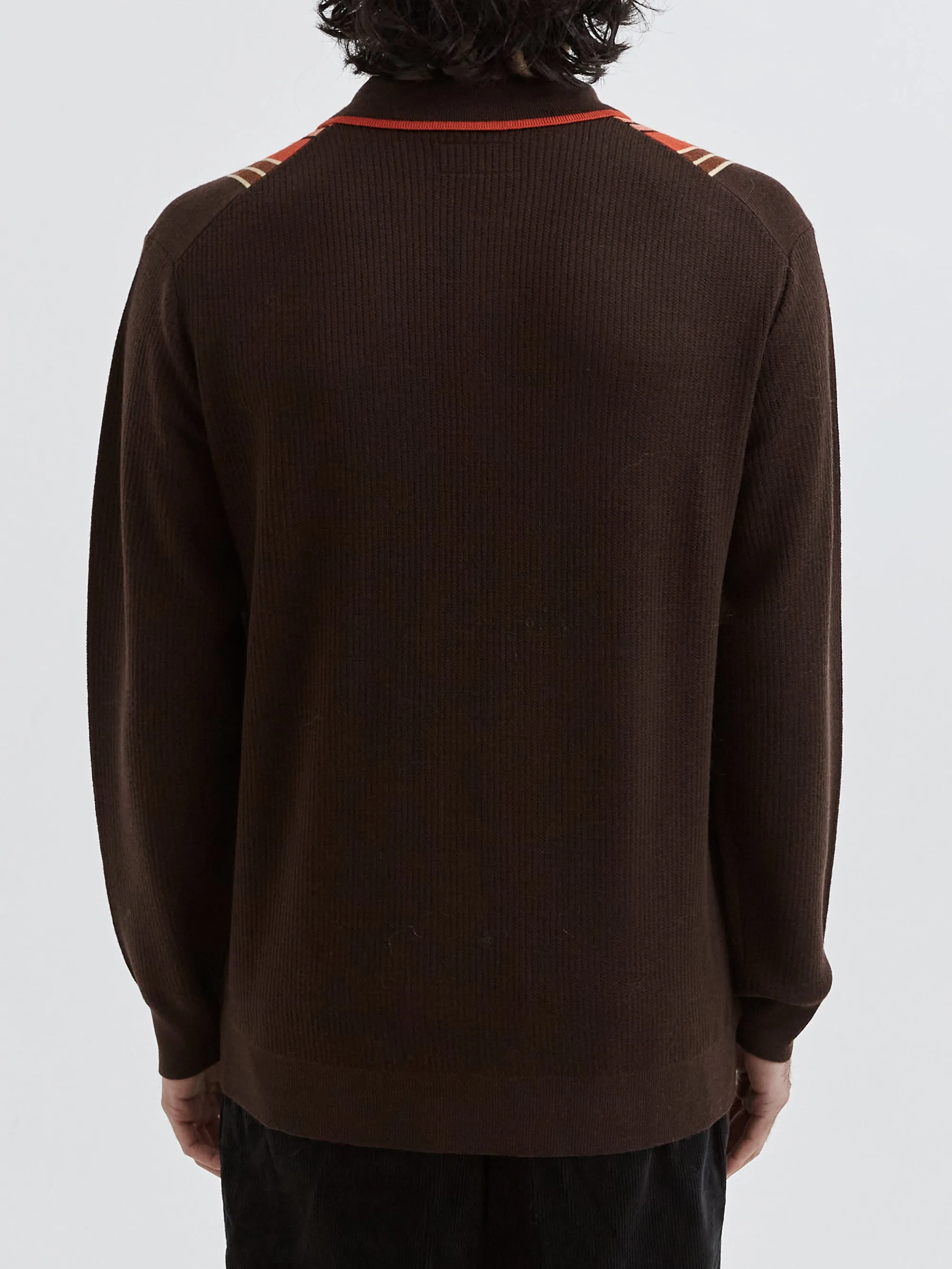 Beams Plus Knit Polo Stripe - Dark Brown