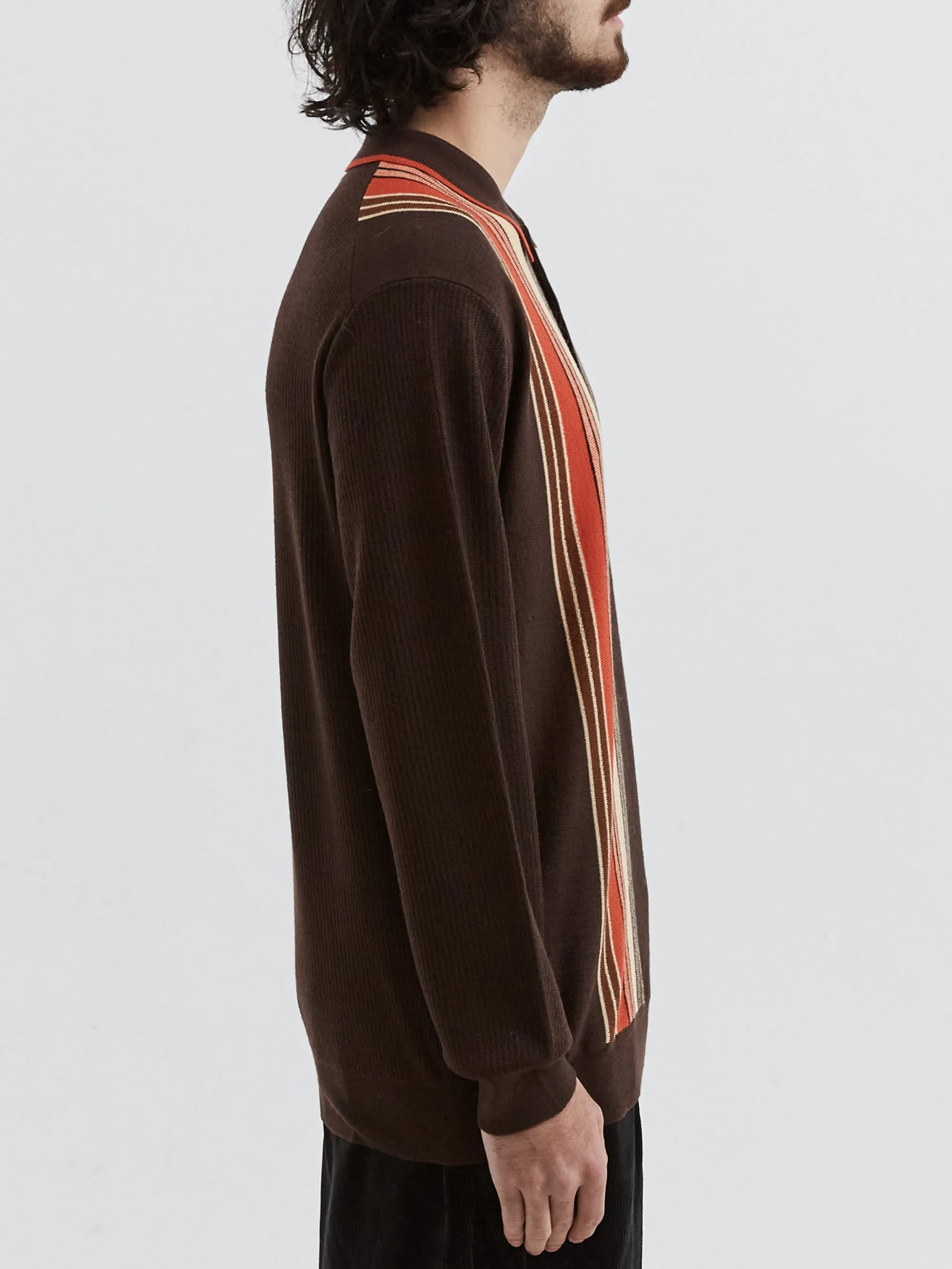 Beams Plus Knit Polo Stripe - Dark Brown