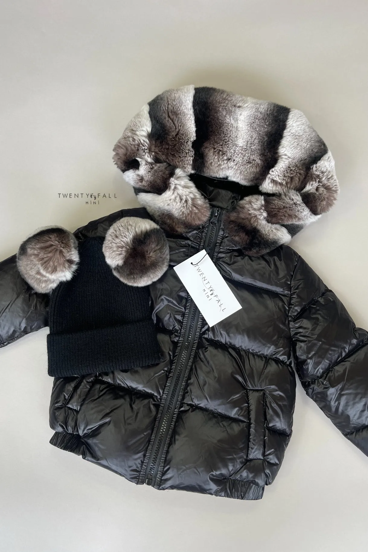 Black Down Coat with Rex Fur Trim