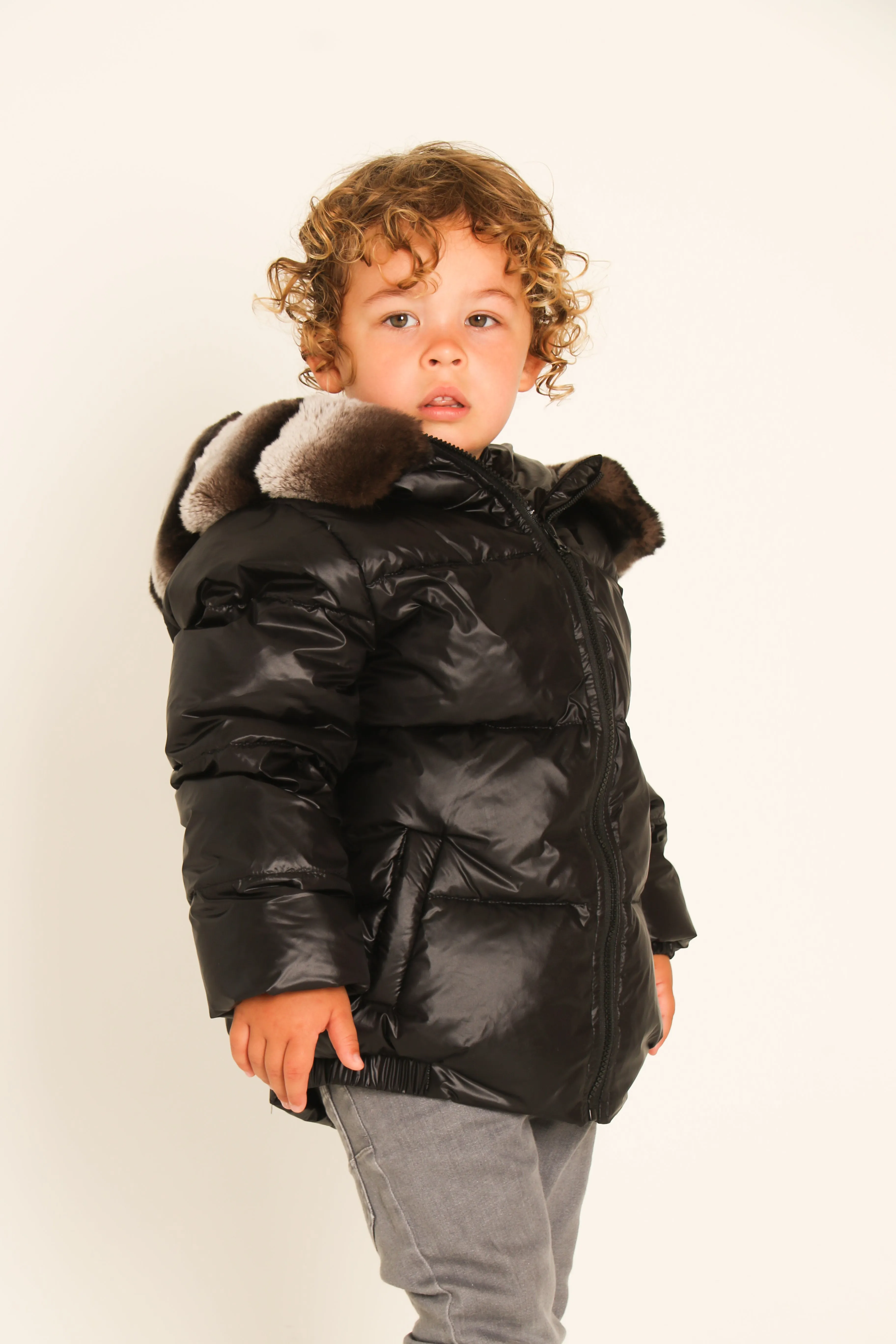 Black Down Coat with Rex Fur Trim