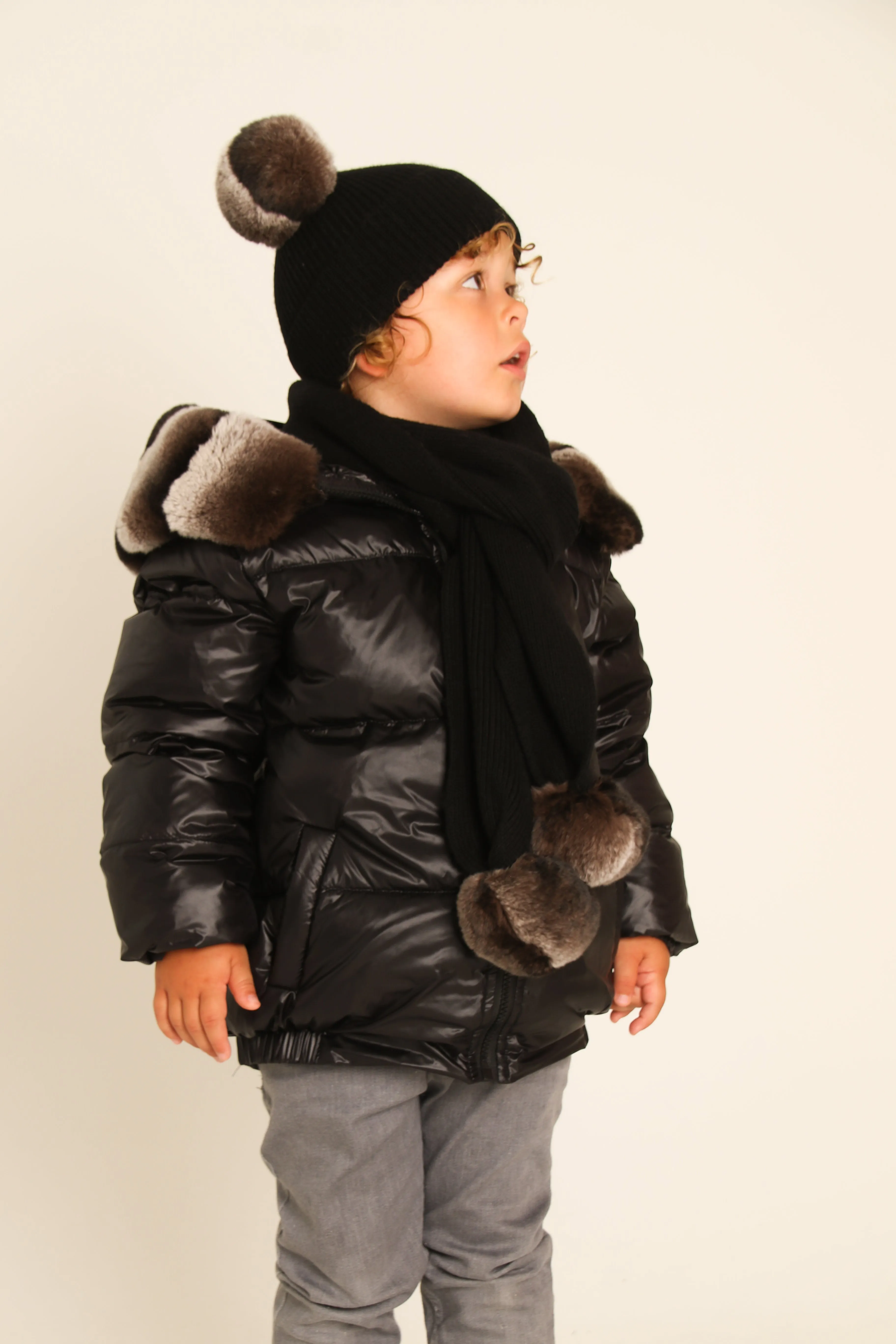 Black Down Coat with Rex Fur Trim