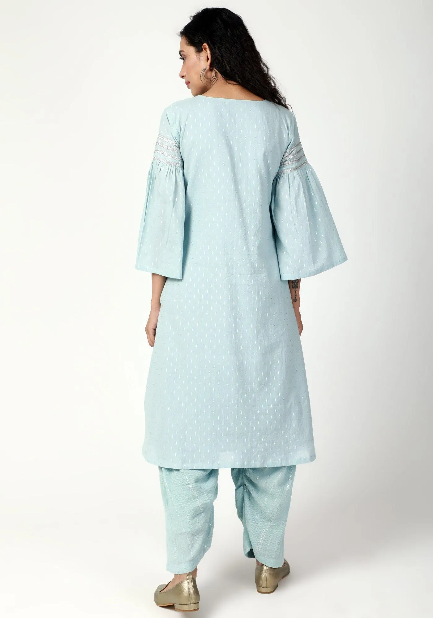 Blue Silver Laced Kurta- Ruffled Pant-Dupatta