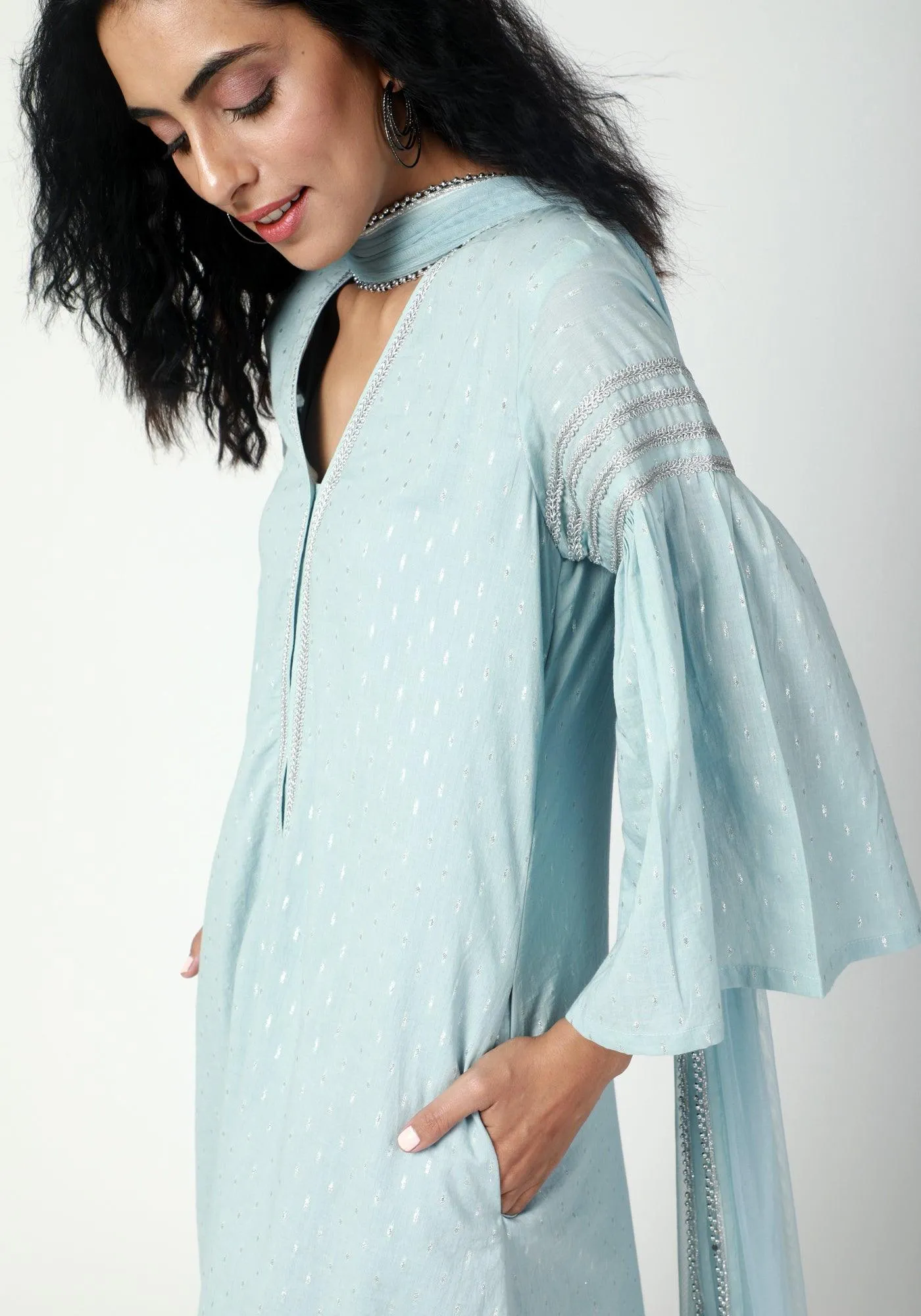 Blue Silver Laced Kurta- Ruffled Pant-Dupatta