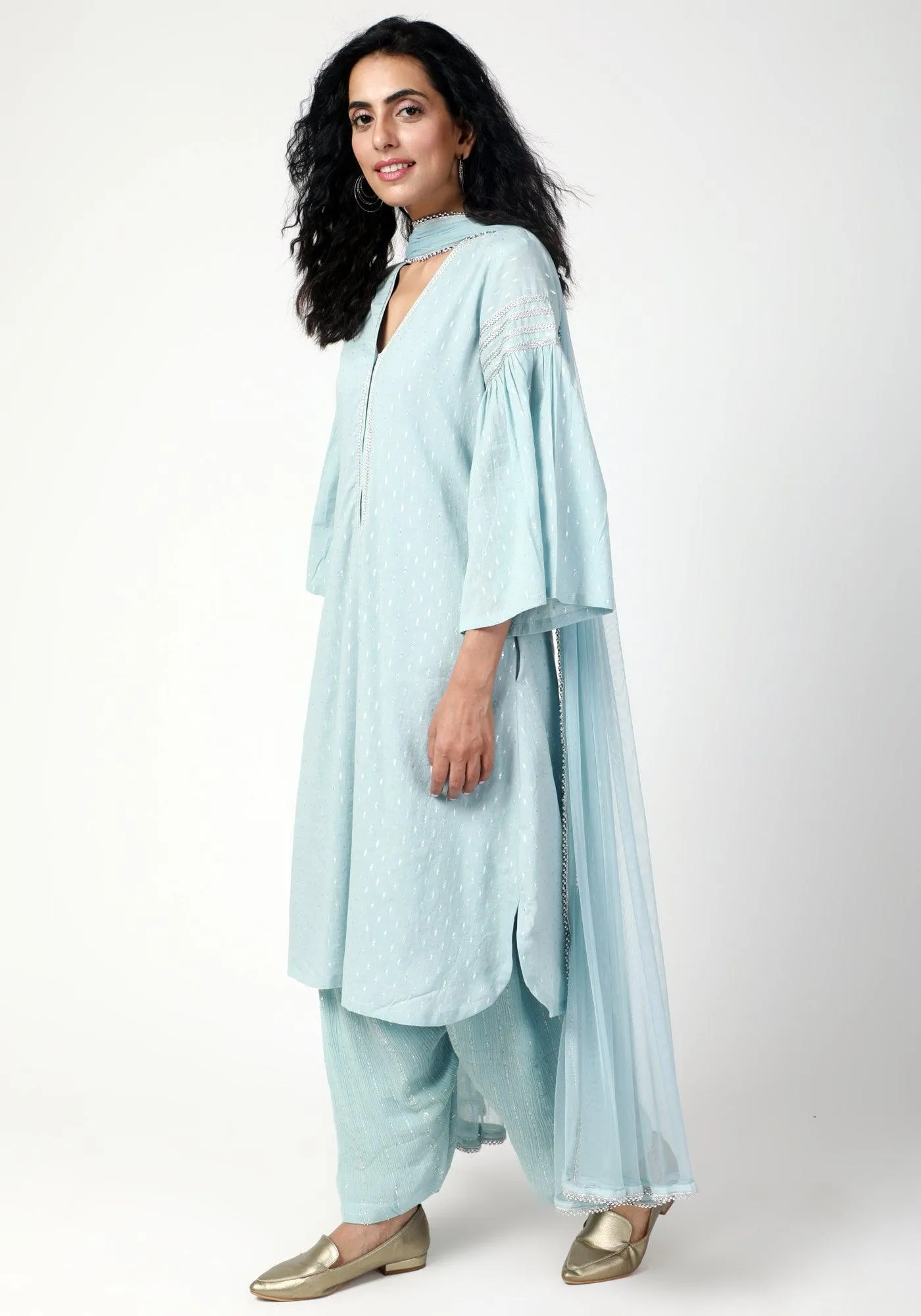 Blue Silver Laced Kurta- Ruffled Pant-Dupatta