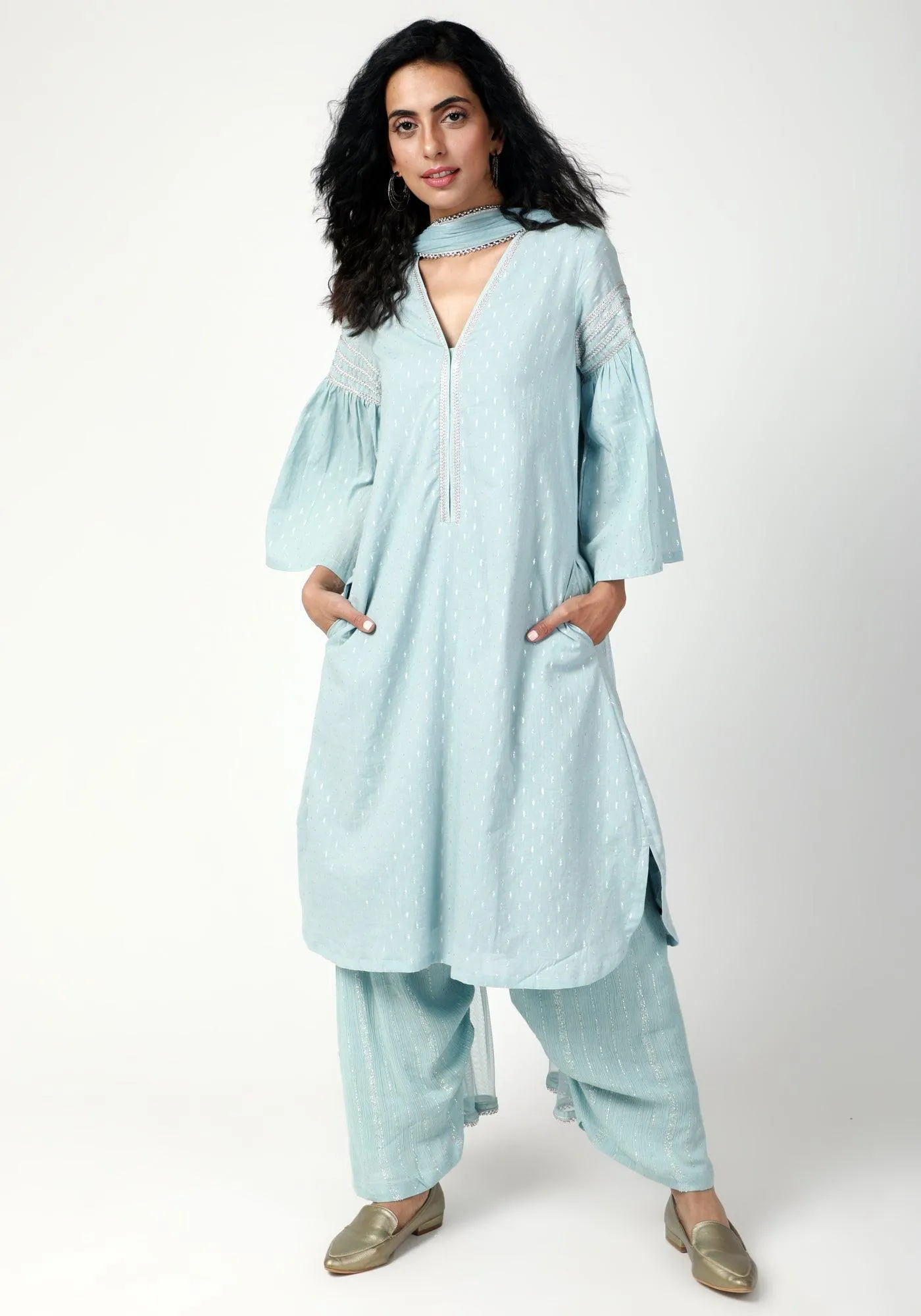 Blue Silver Laced Kurta- Ruffled Pant-Dupatta