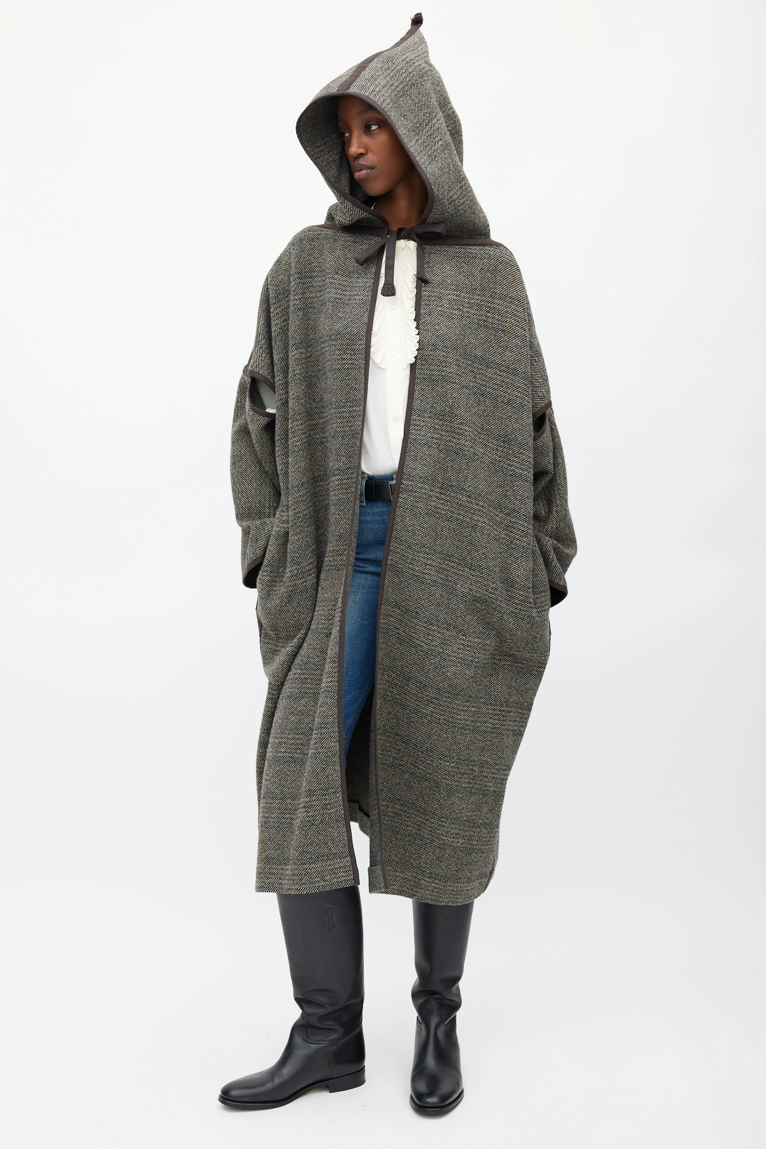 Brown & Grey Wool Hooded Open Coat