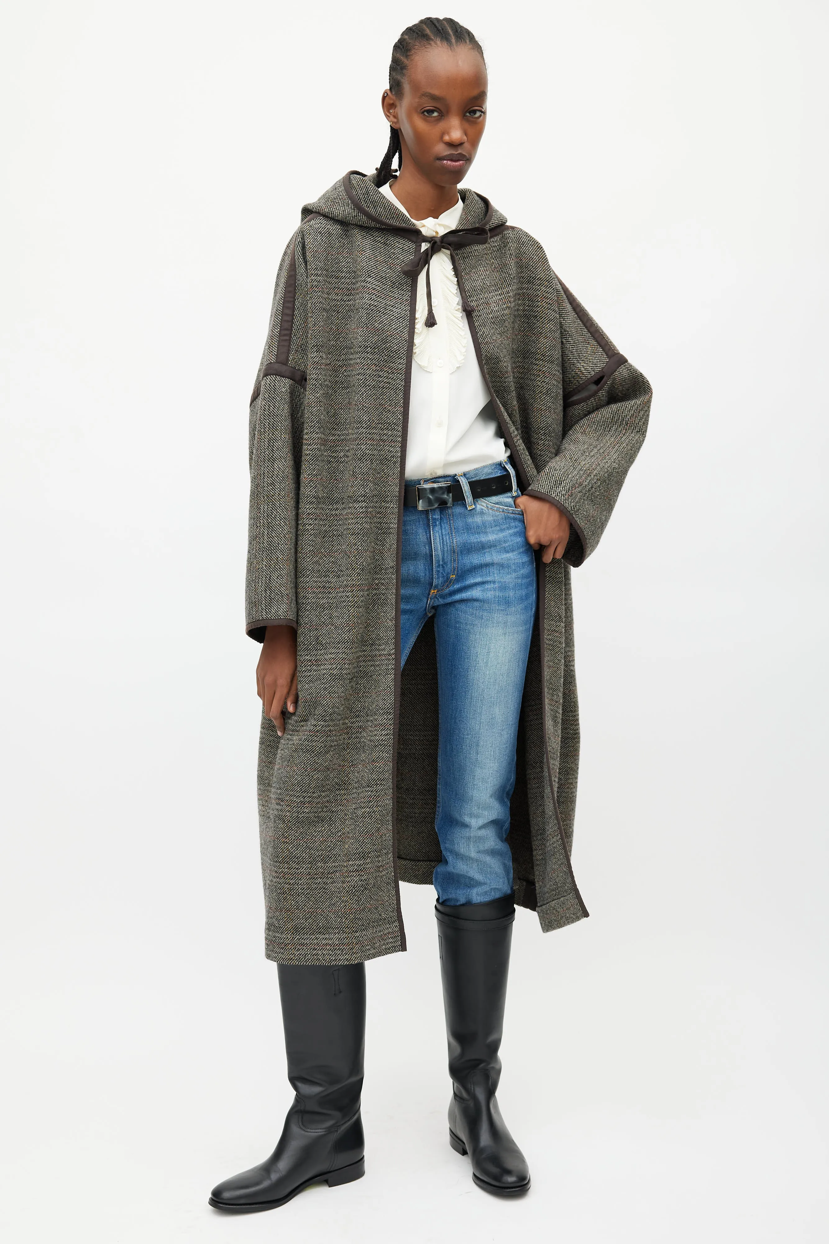 Brown & Grey Wool Hooded Open Coat