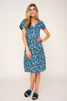 Cotton Karen Short Sleeve Day Dress in Royal Blue Busy Bee