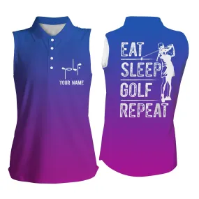 Custom Name Gradient Color Eat Sleep Golf Repeat, Gifts For Golf Lovers, Women's Sleeveless Polo Shirt