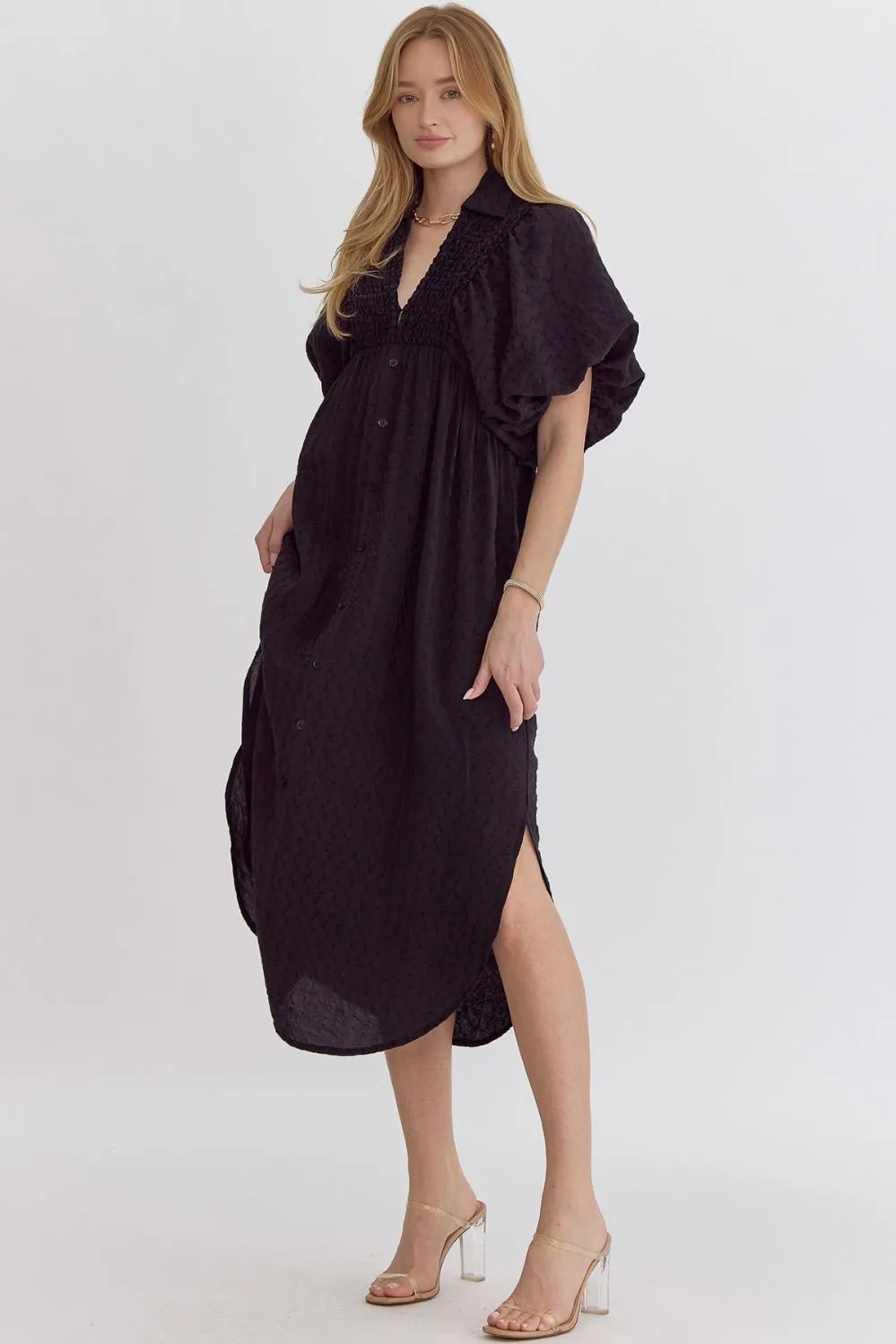 Easy Going Textured Black Midi Dress