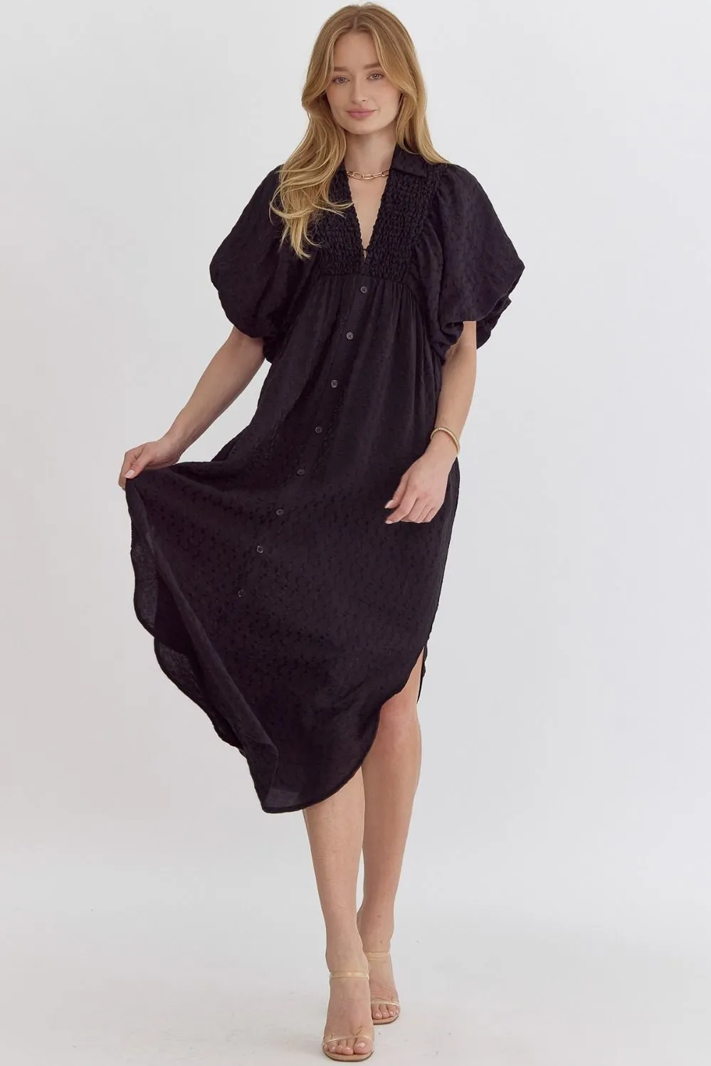 Easy Going Textured Black Midi Dress