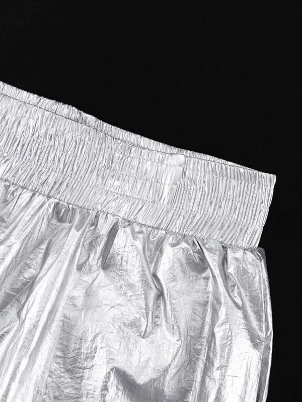 Elastic Waist Pleated Silver Long Pants