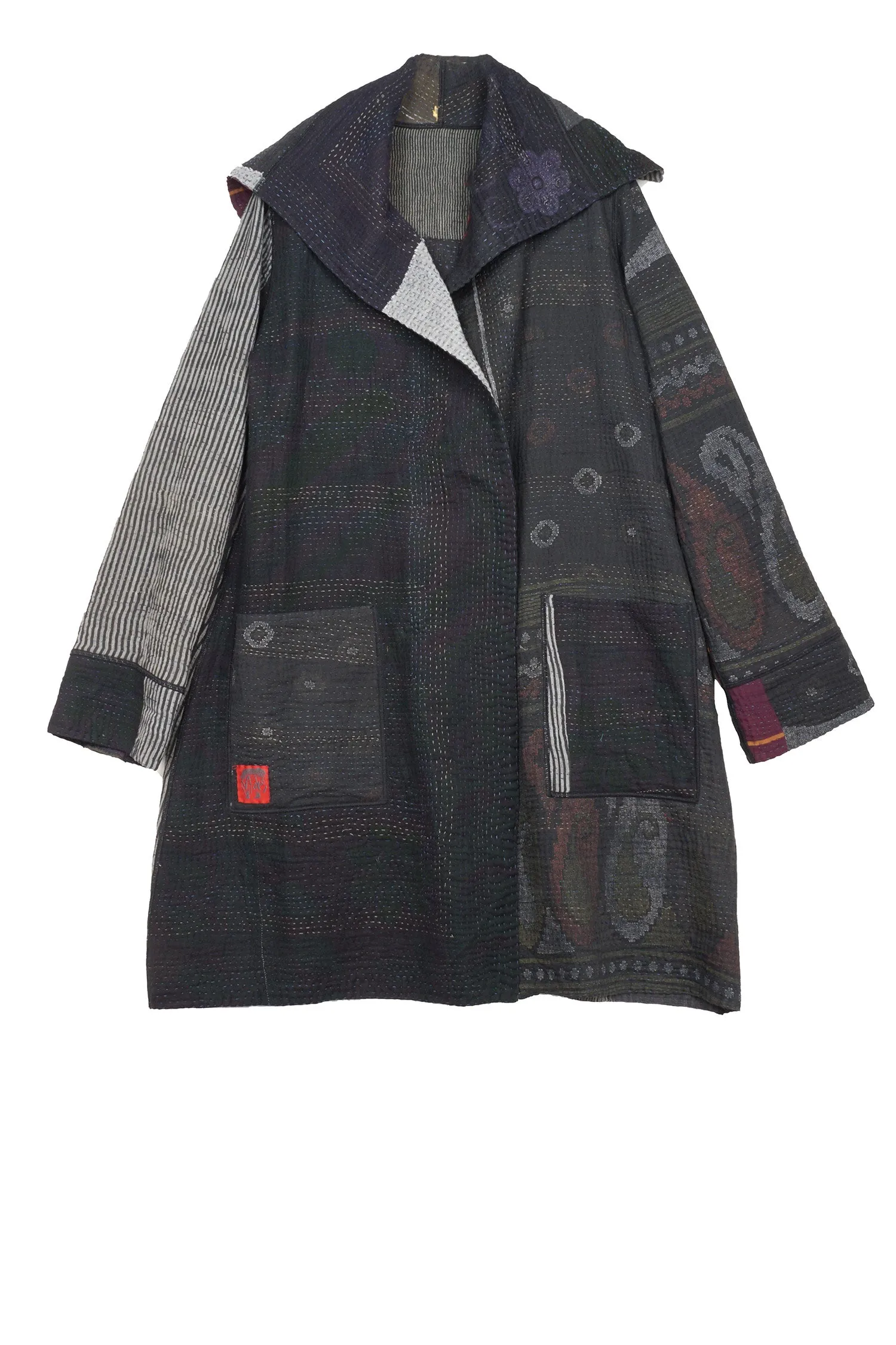 FRAYED PATCH MIX KANTHA POCKET MEDIUM COAT - fm4316-blk -