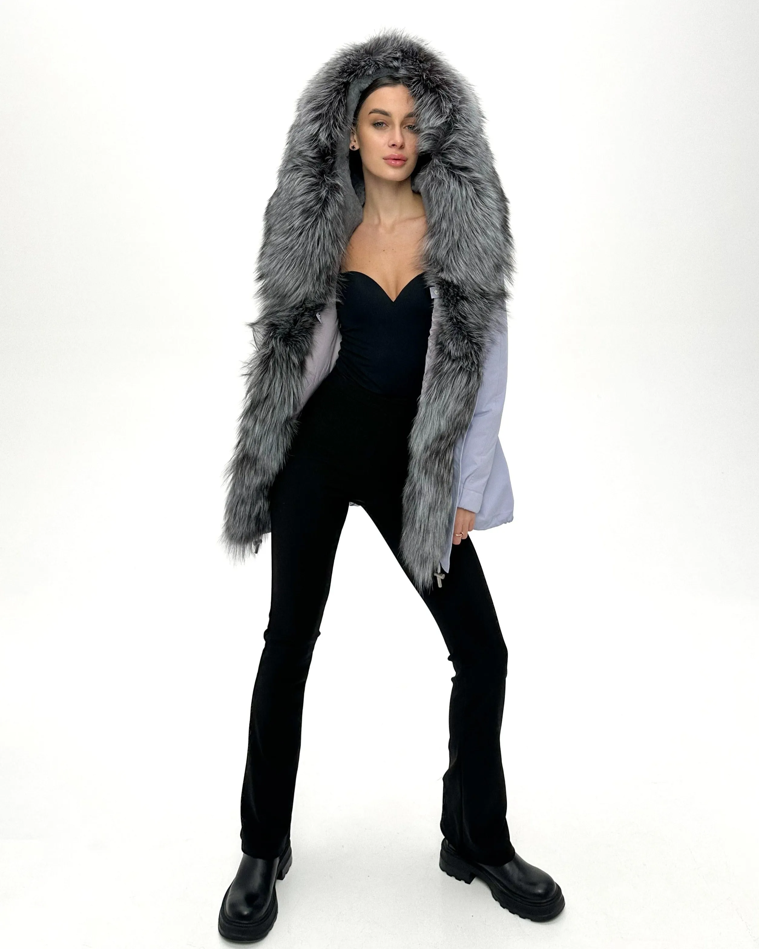 Genuine Silver Fox Fur Trim Rabbit Fur Insulated Parka