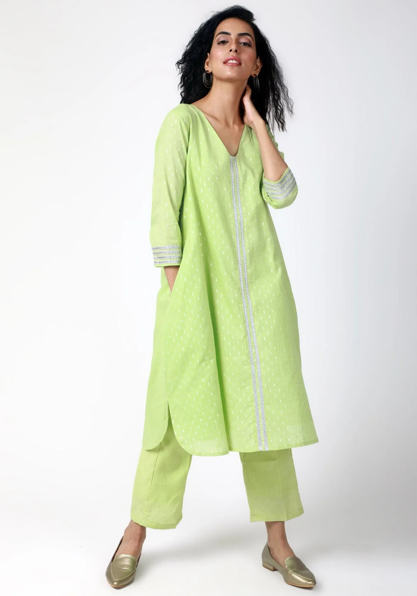 Green Silver Laced Kurta-Pant