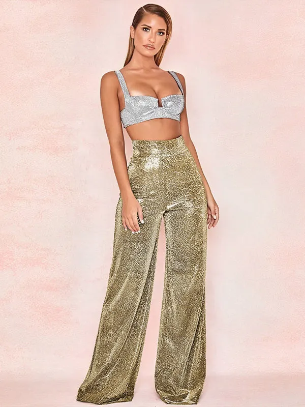 Hot Silver Wide Leg Pants High Waist Straight Ladies Casual Pants