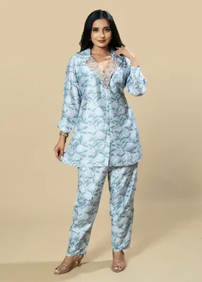 Ice blue Hand-Embroidered Abstract Print Muslin Coord Set