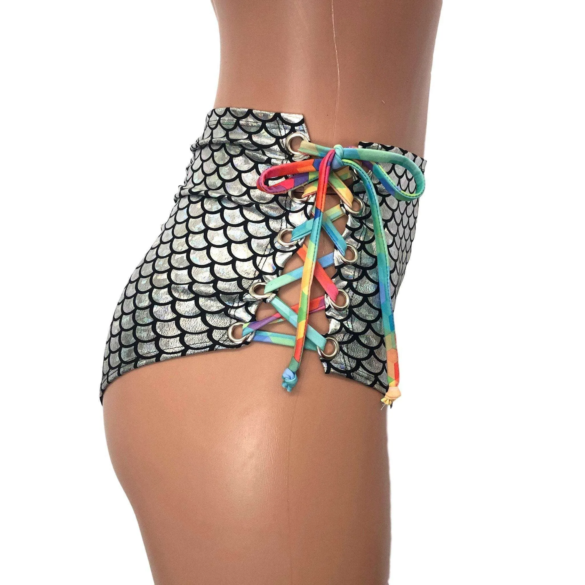 Lace-Up High Waist Scrunch Bikini - Silver Mermaid Scale