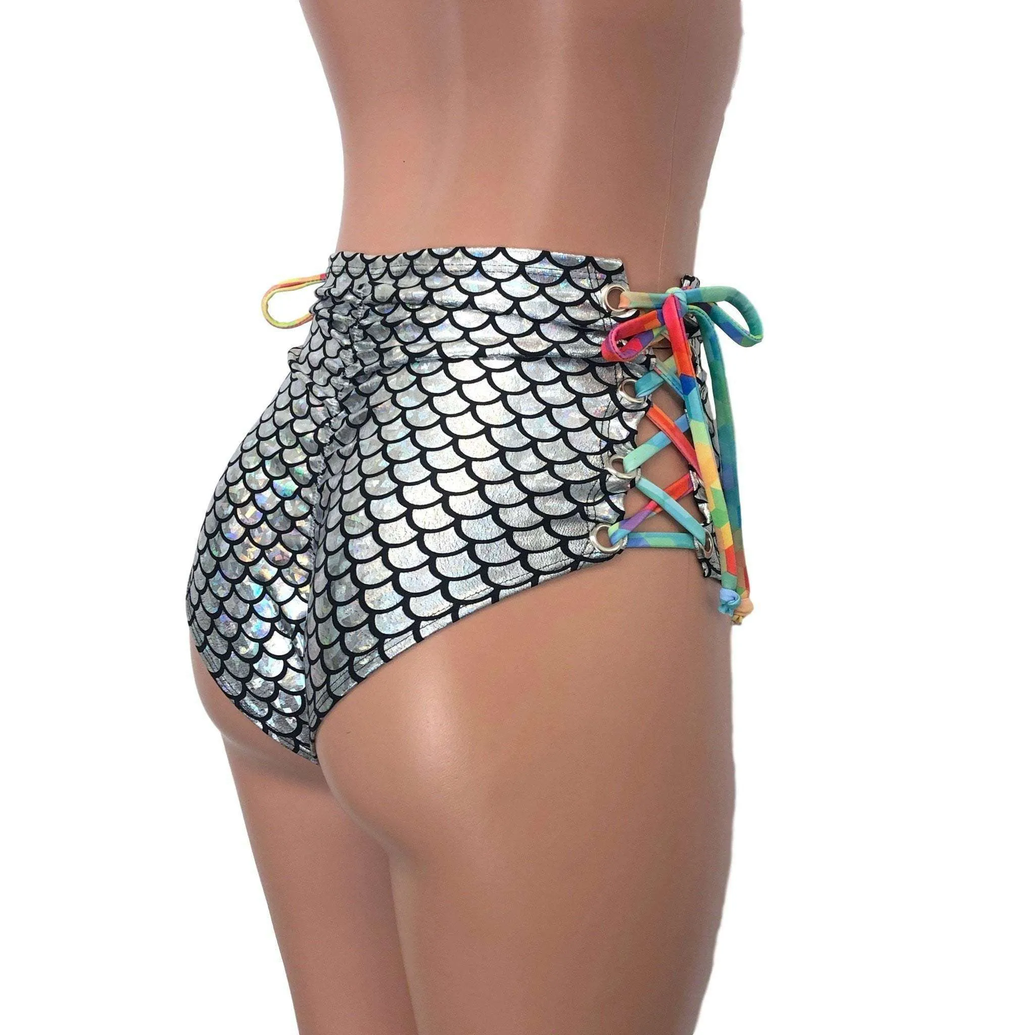 Lace-Up High Waist Scrunch Bikini - Silver Mermaid Scale