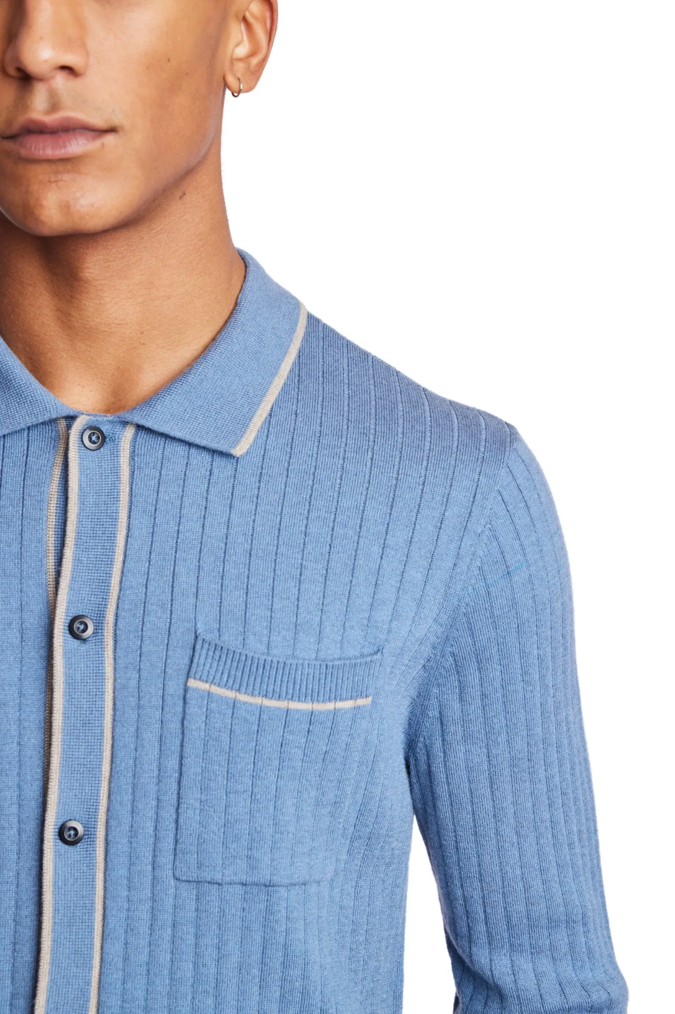 L/S Full Button Tipped Polo - Arctic Blue