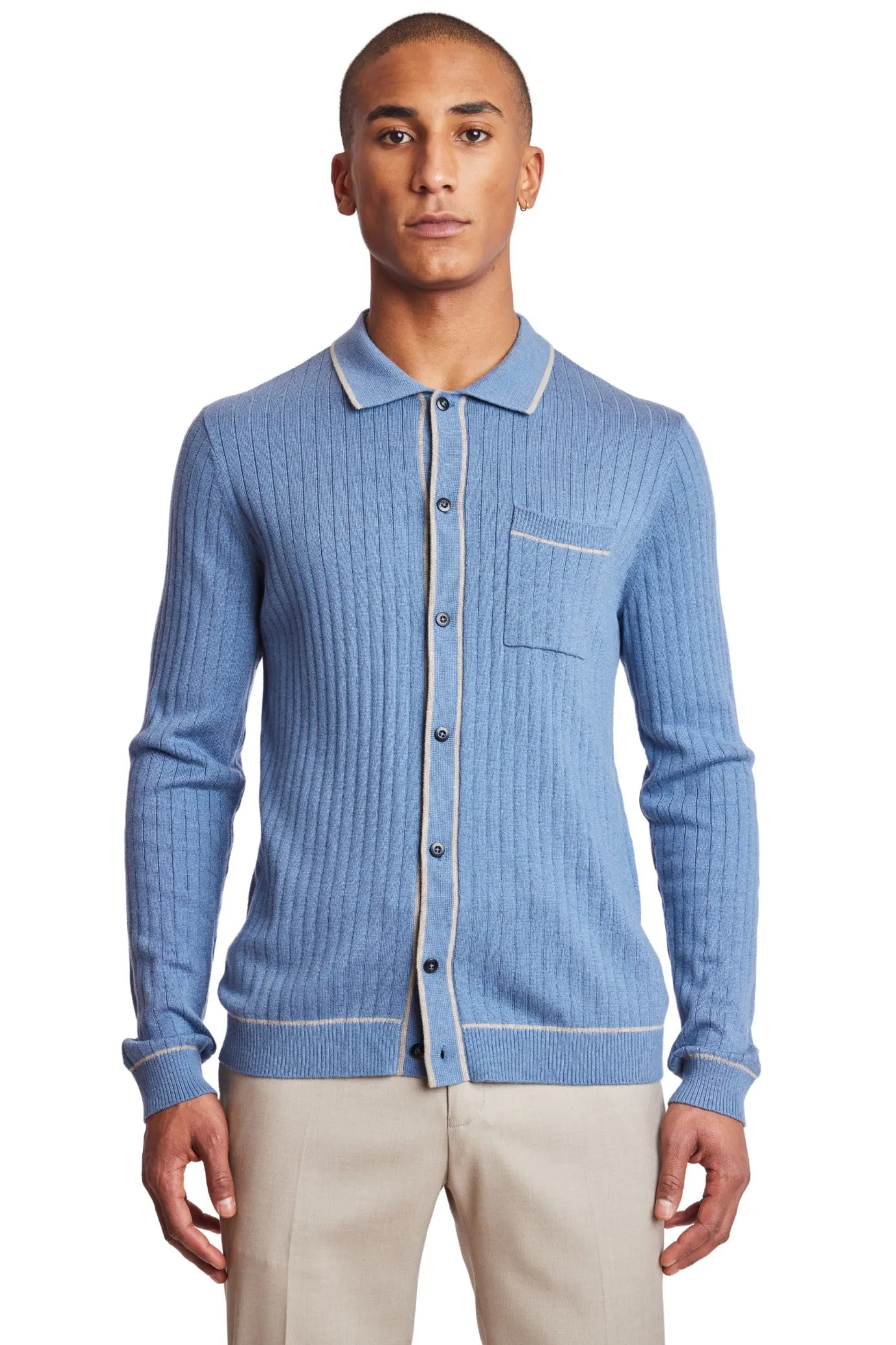 L/S Full Button Tipped Polo - Arctic Blue