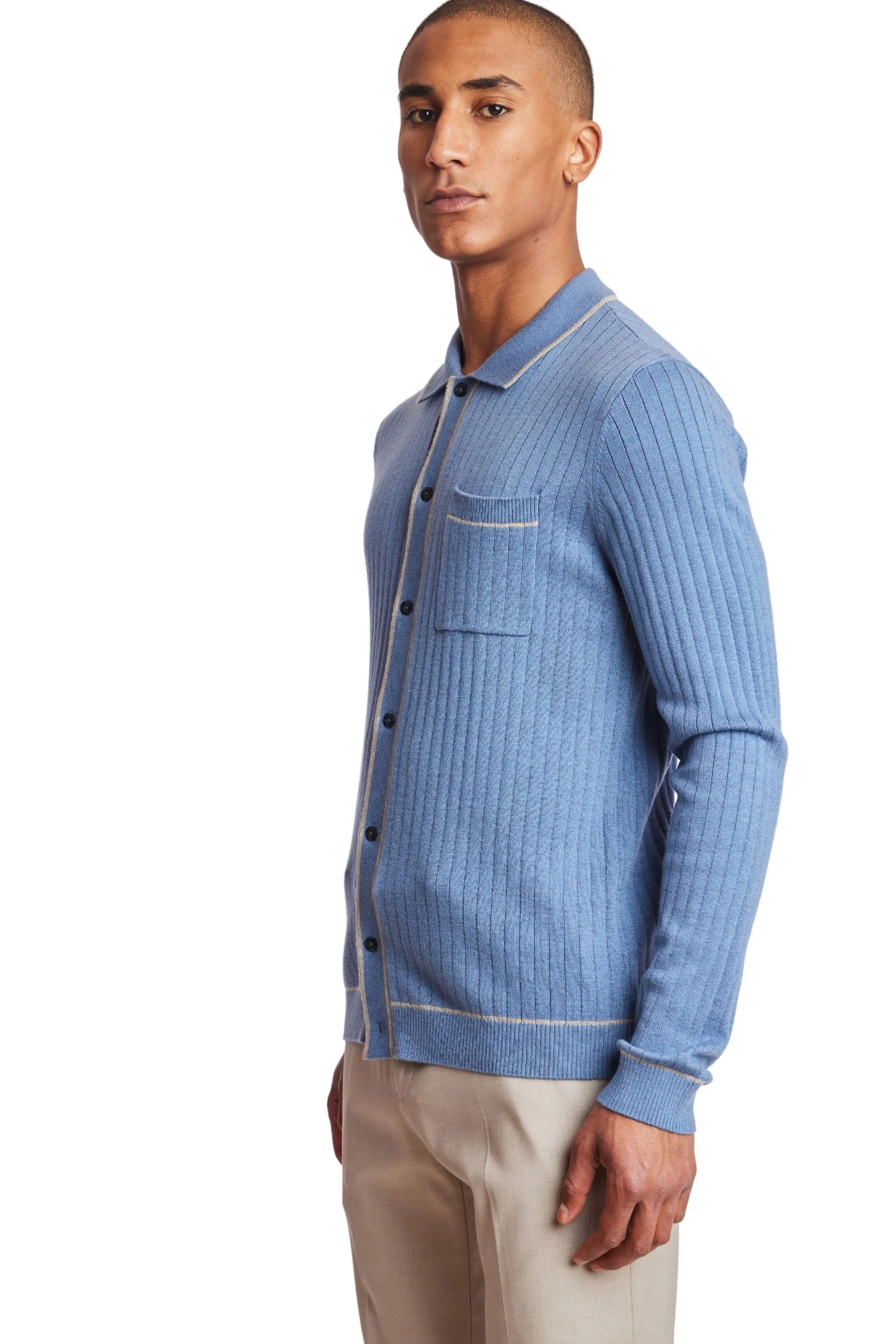 L/S Full Button Tipped Polo - Arctic Blue