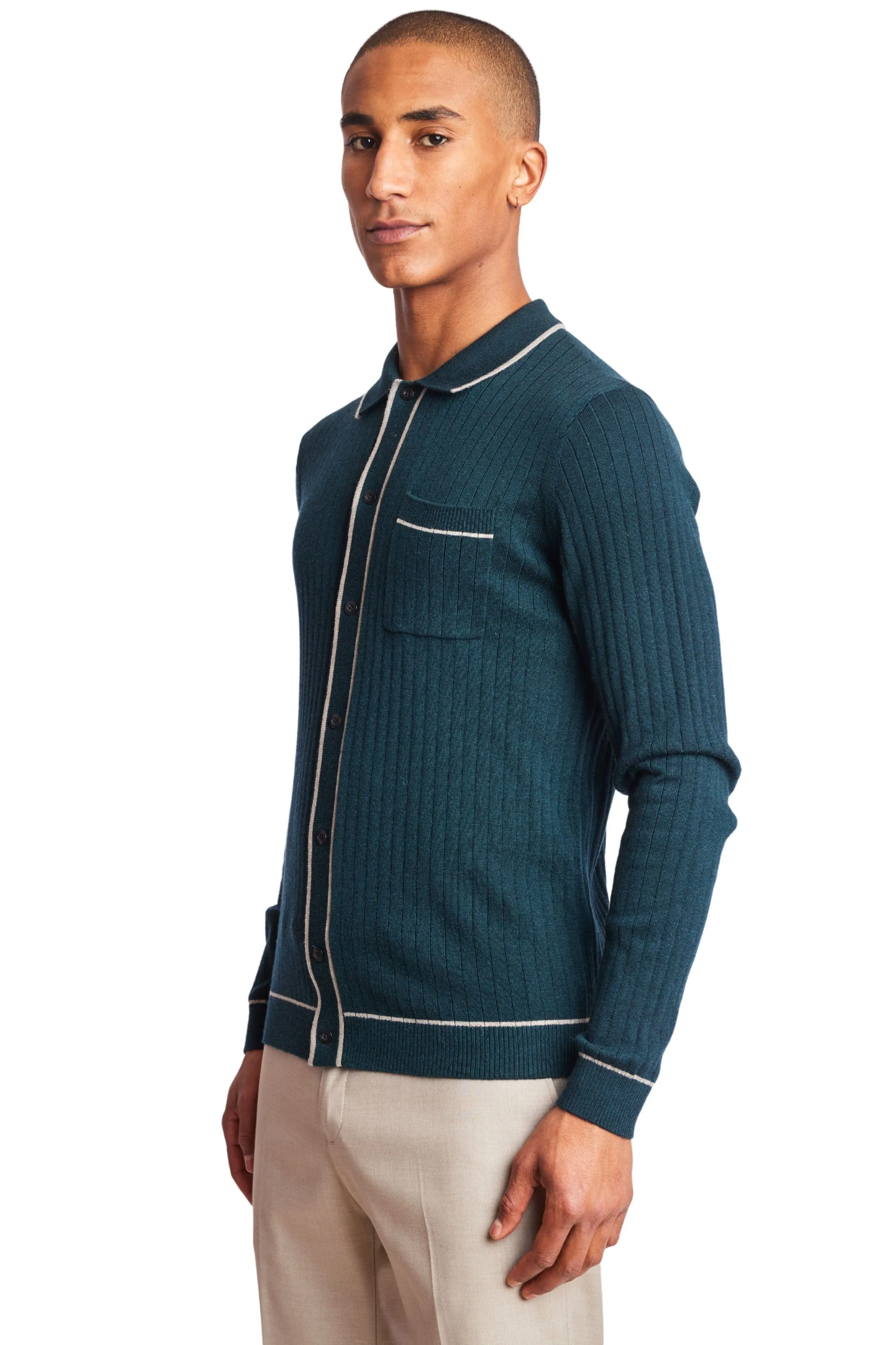 L/S Full Button Tipped Polo - Forest Green