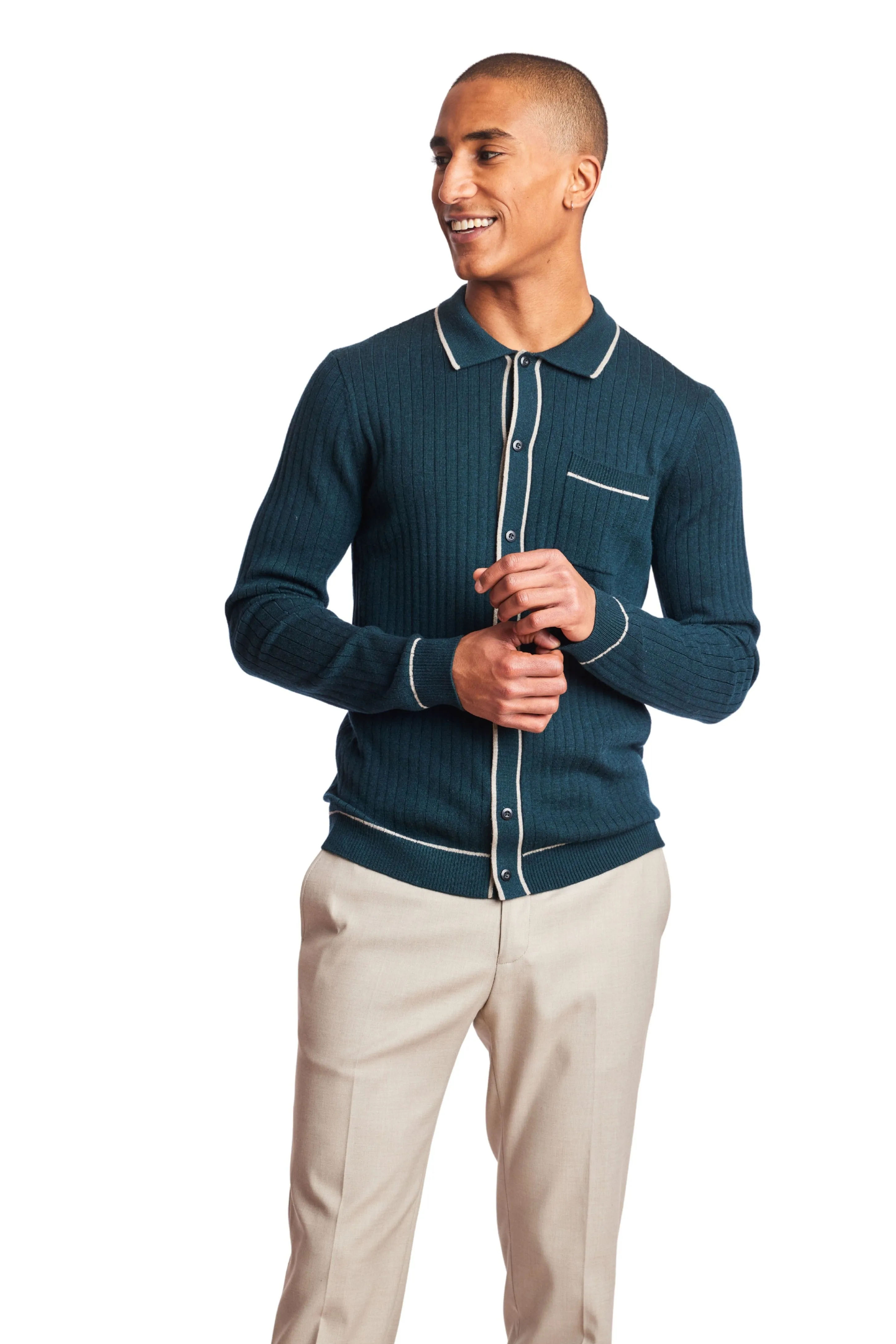 L/S Full Button Tipped Polo - Forest Green