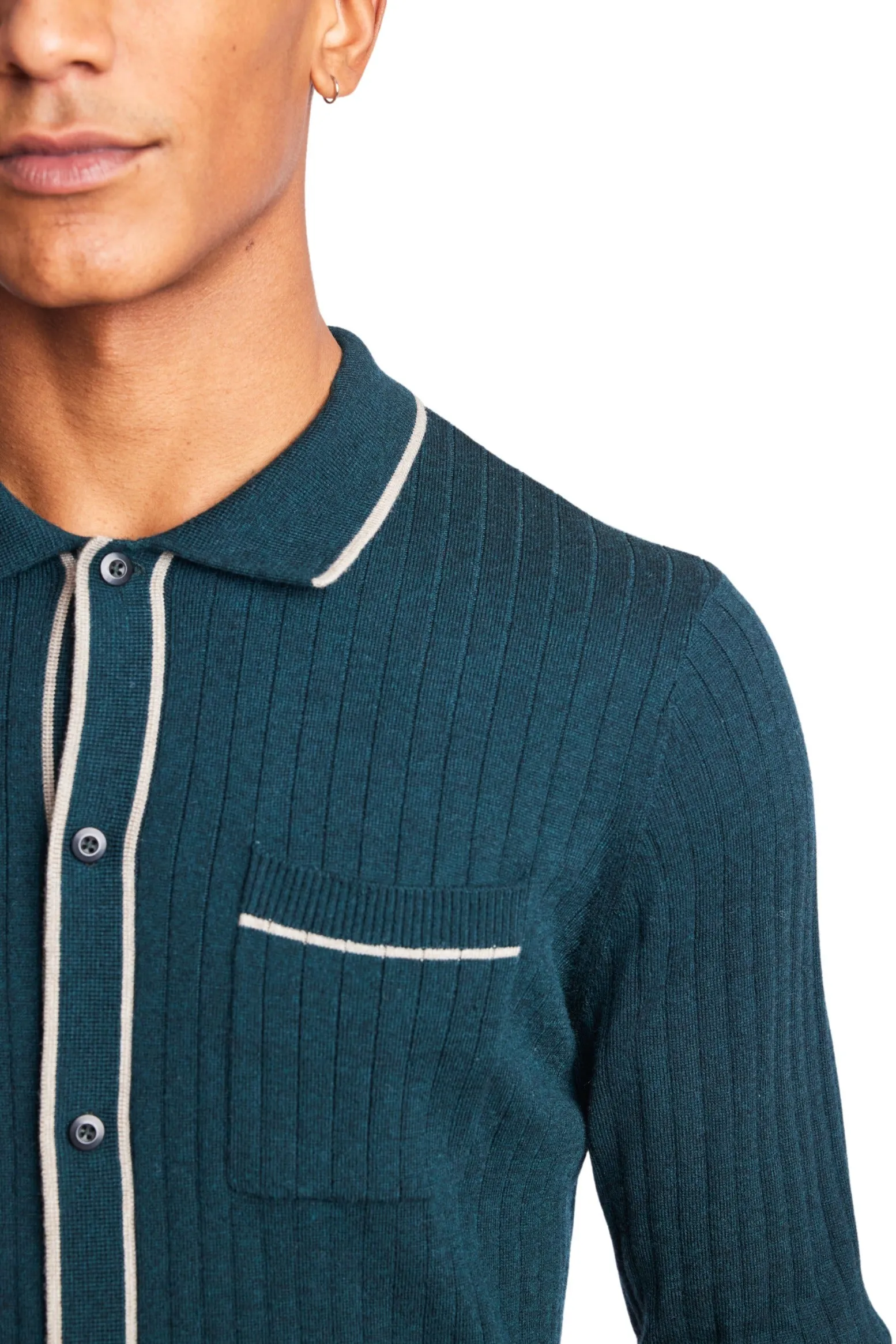 L/S Full Button Tipped Polo - Forest Green