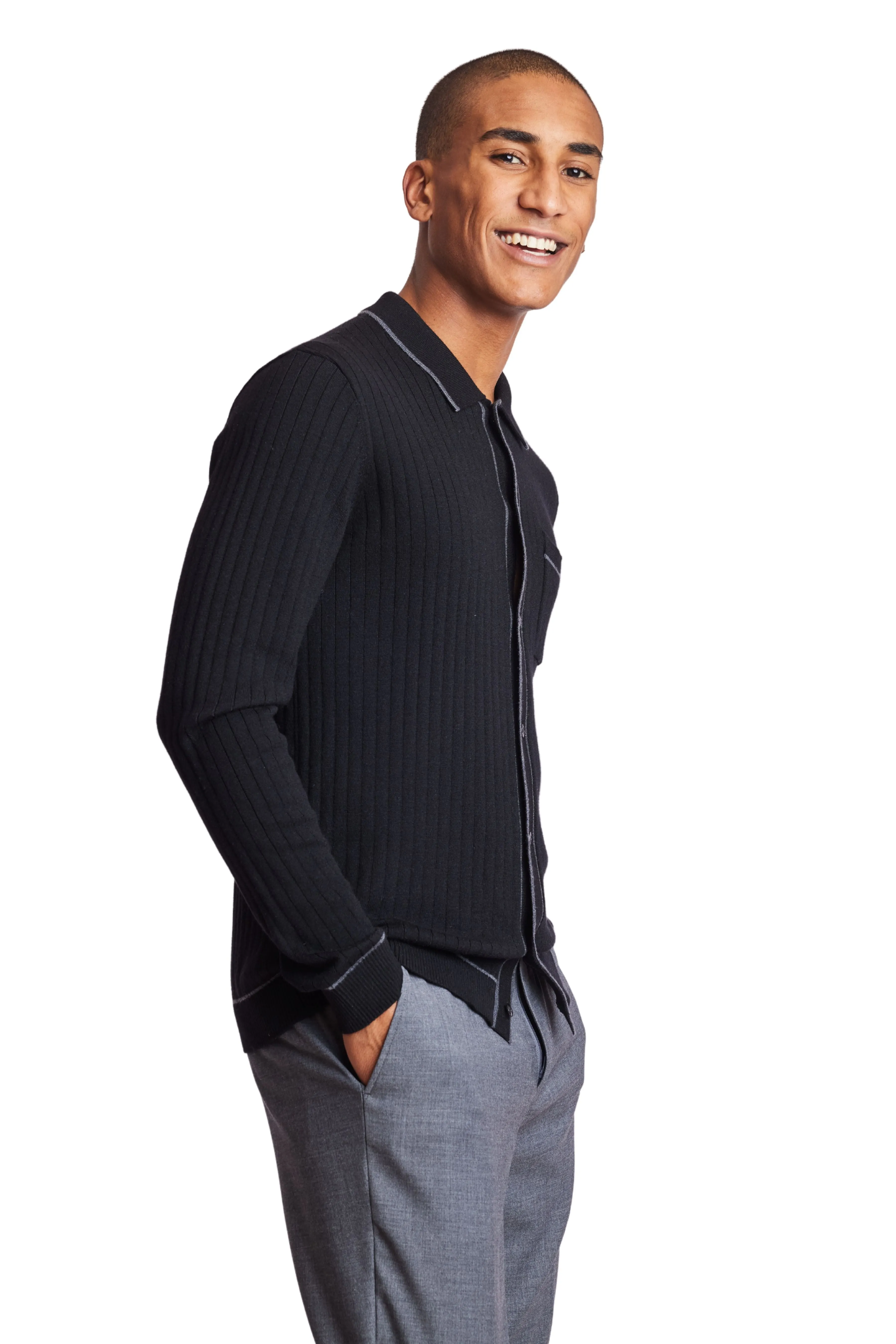 L/S Full Button Tipped Polo - Onyx Black