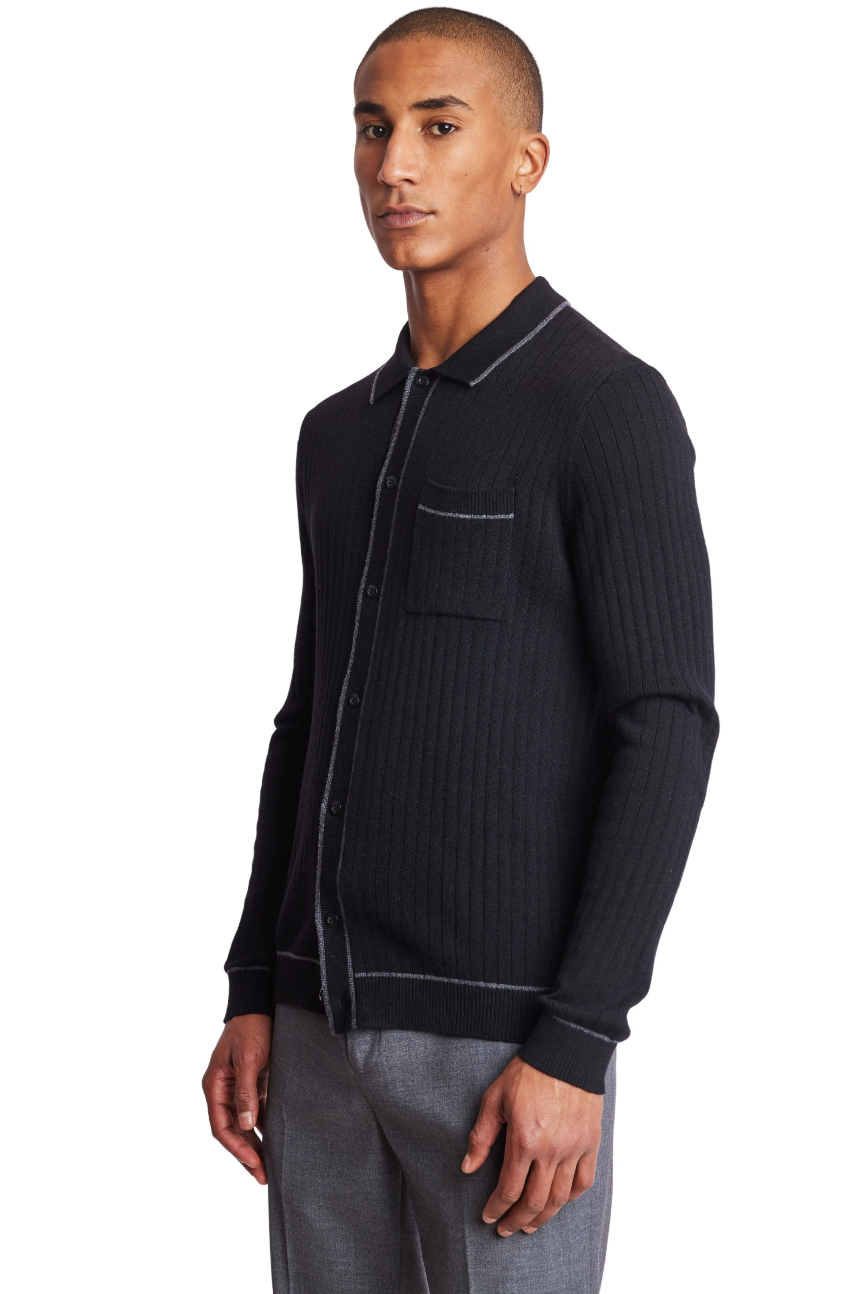 L/S Full Button Tipped Polo - Onyx Black