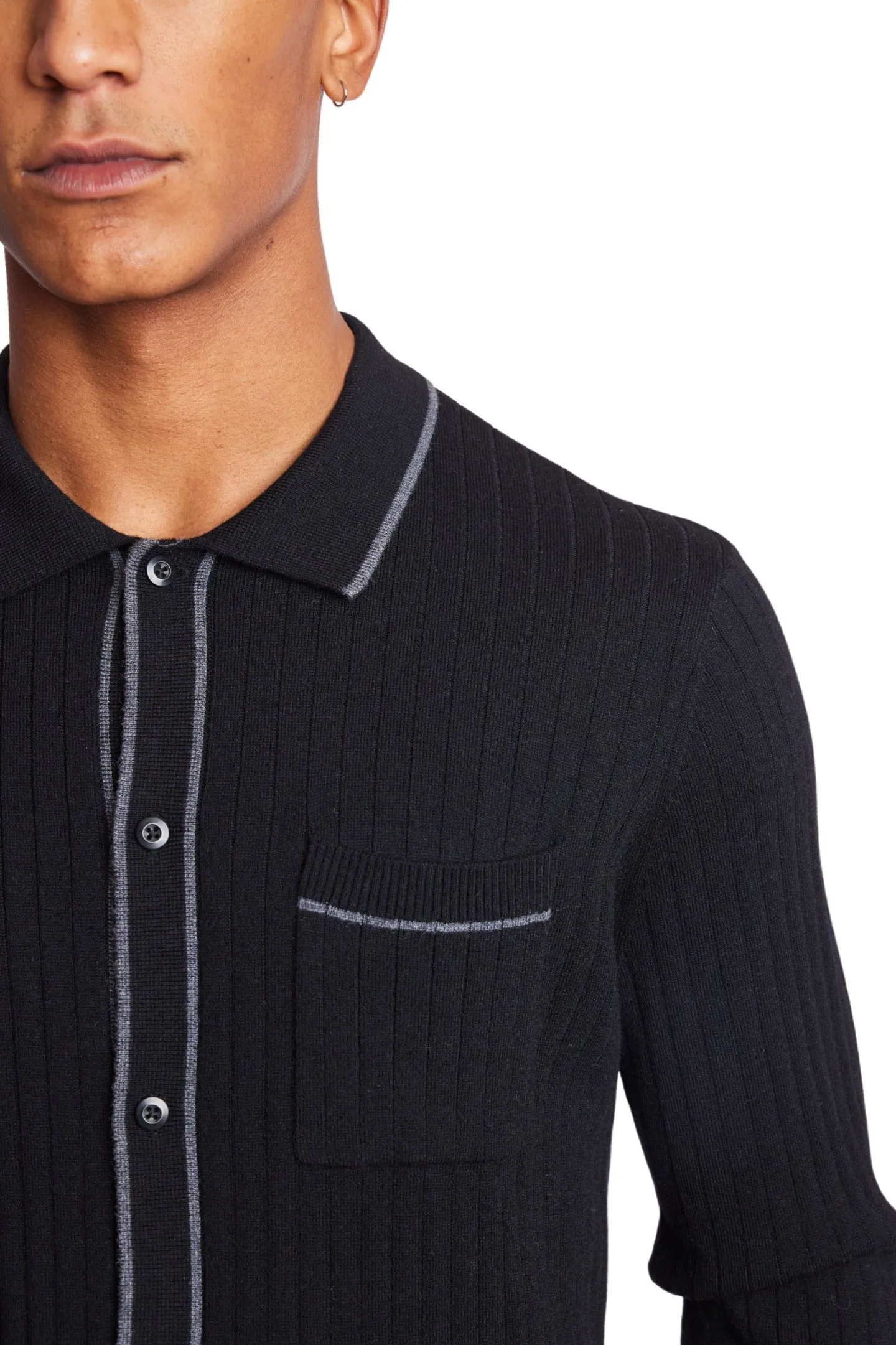 L/S Full Button Tipped Polo - Onyx Black