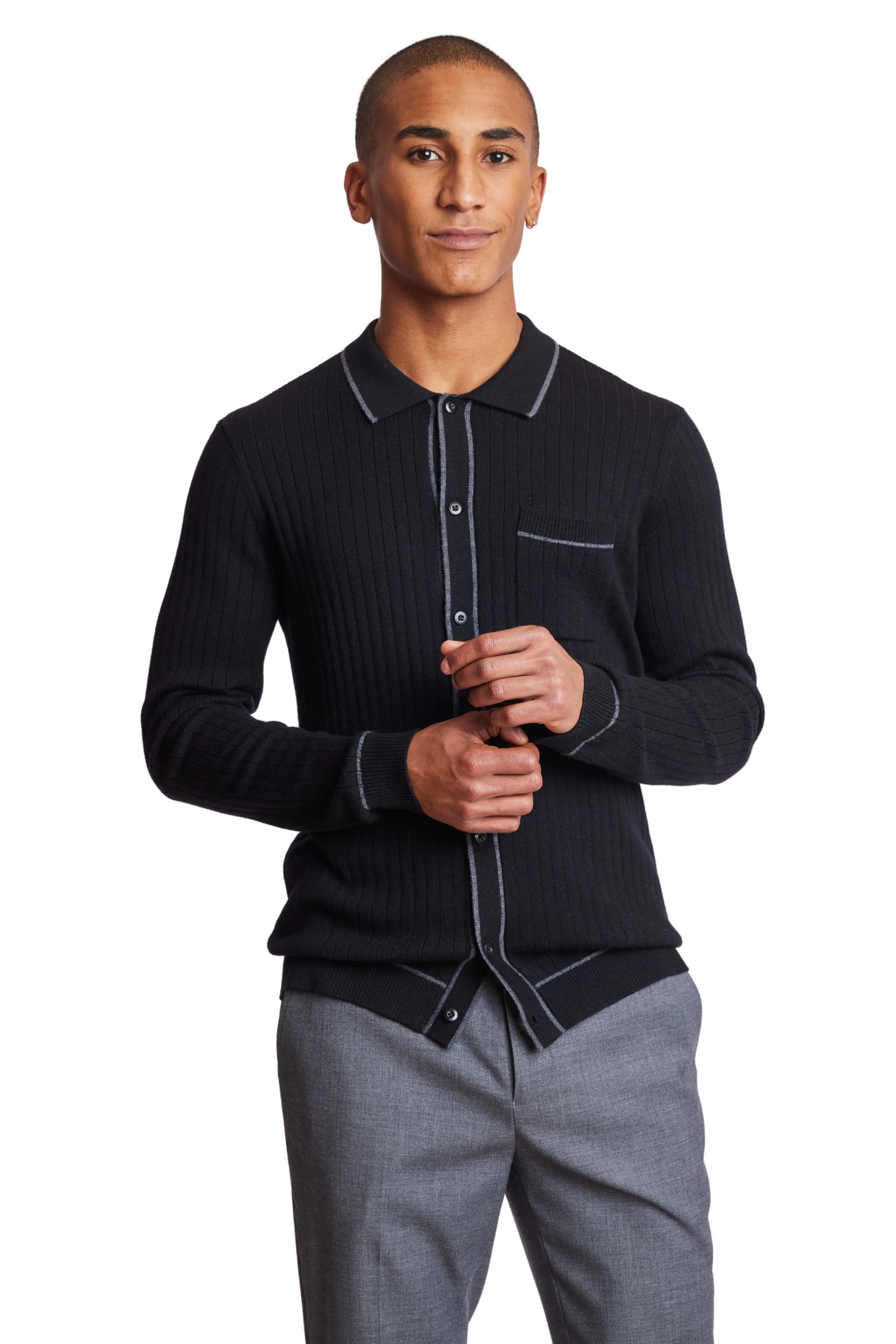 L/S Full Button Tipped Polo - Onyx Black