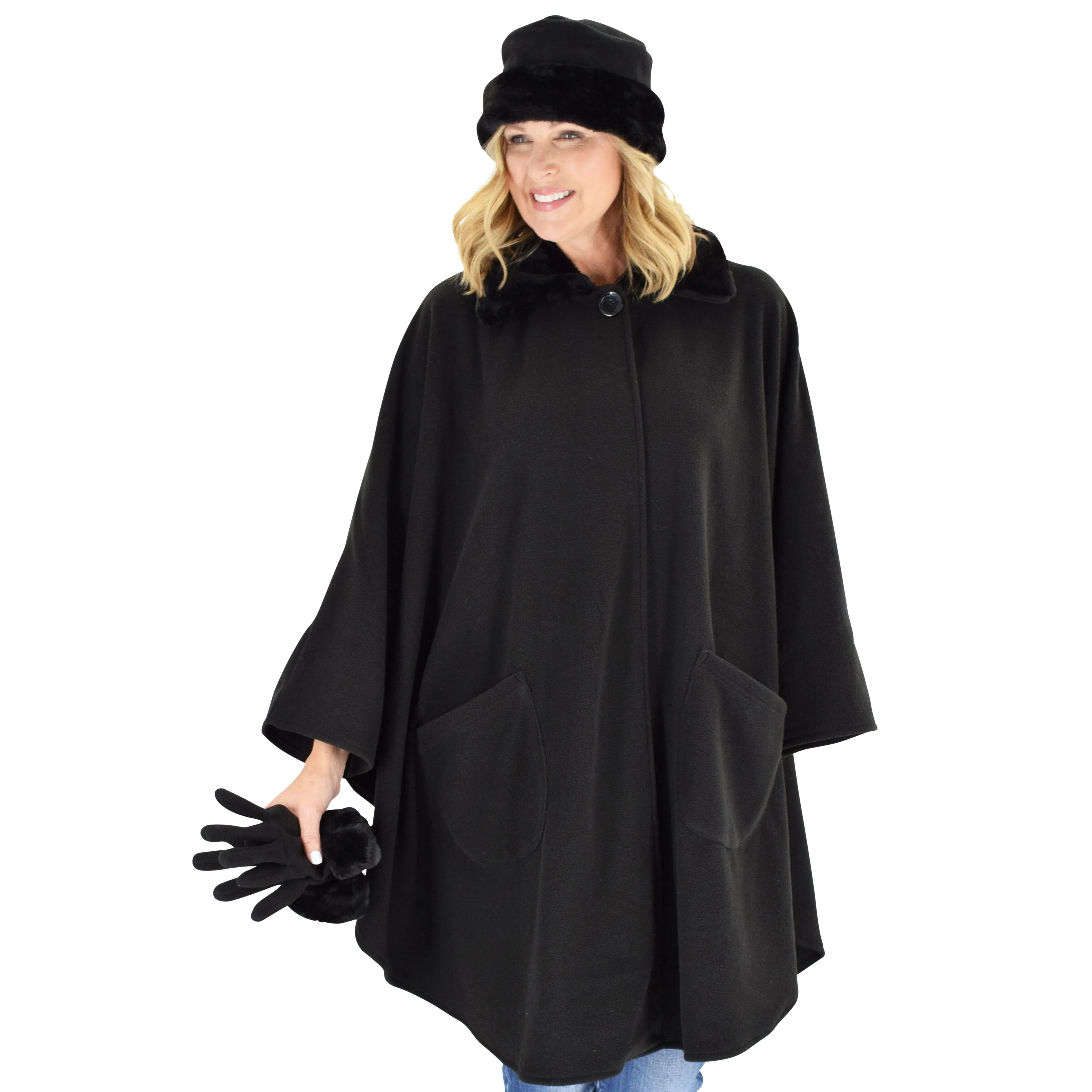 Marie Faux Fur Trim Cozy Coat Hat and Gloves Set