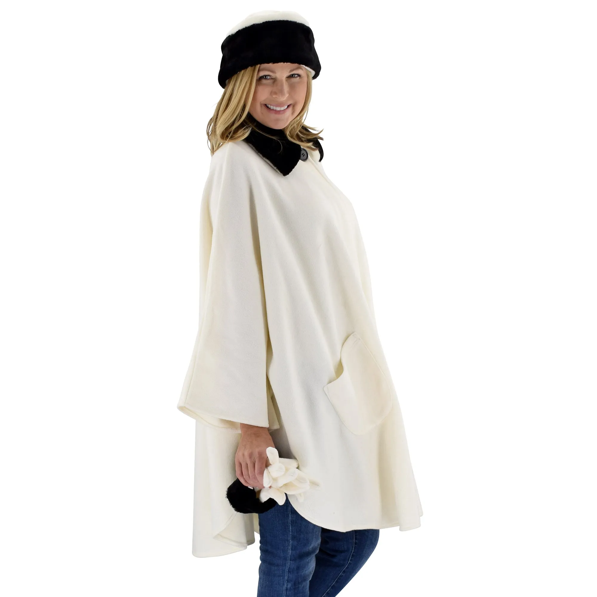 Marie Faux Fur Trim Cozy Coat Hat and Gloves Set