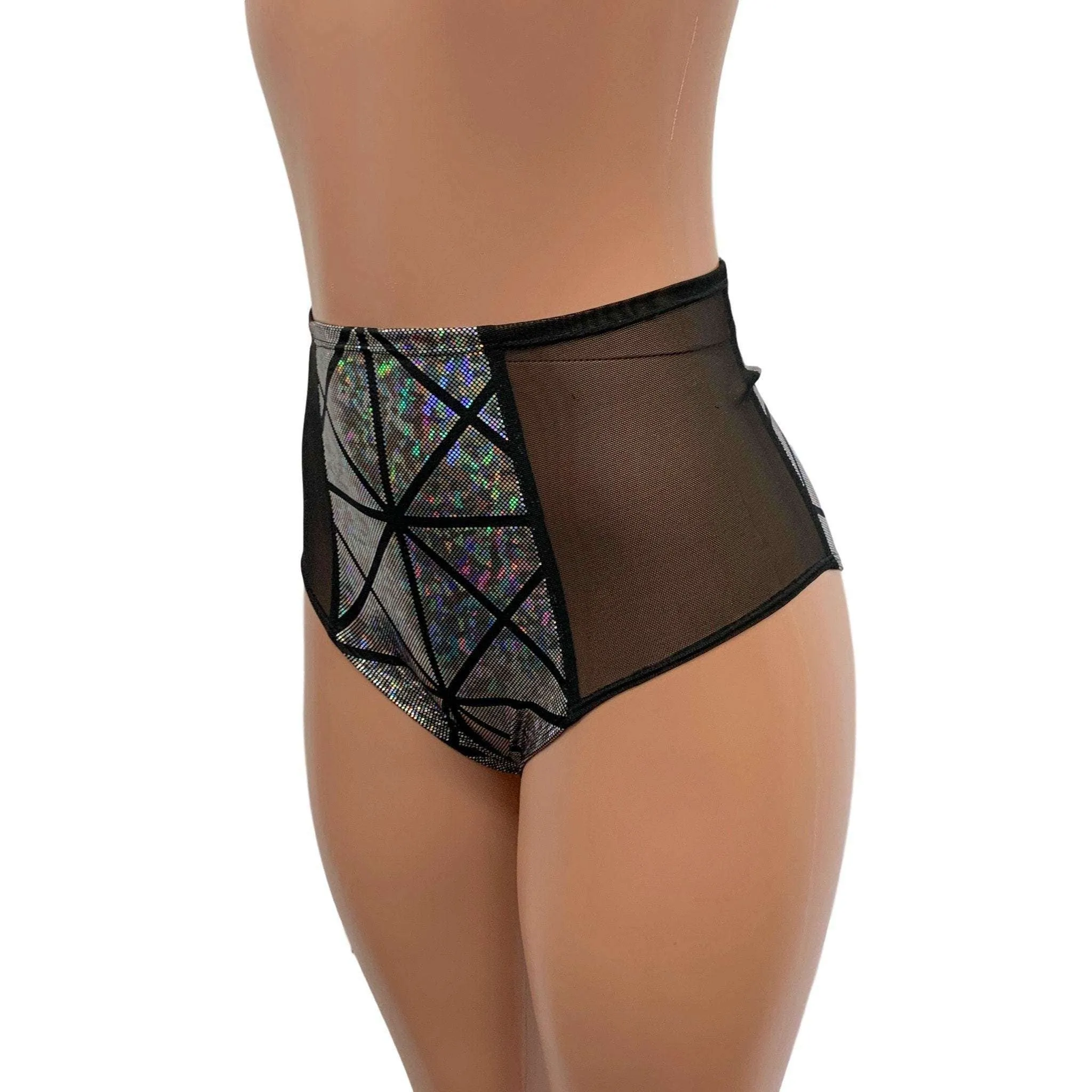 Mesh Side Scrunch Bikini - Silver Glass Pane Holographic