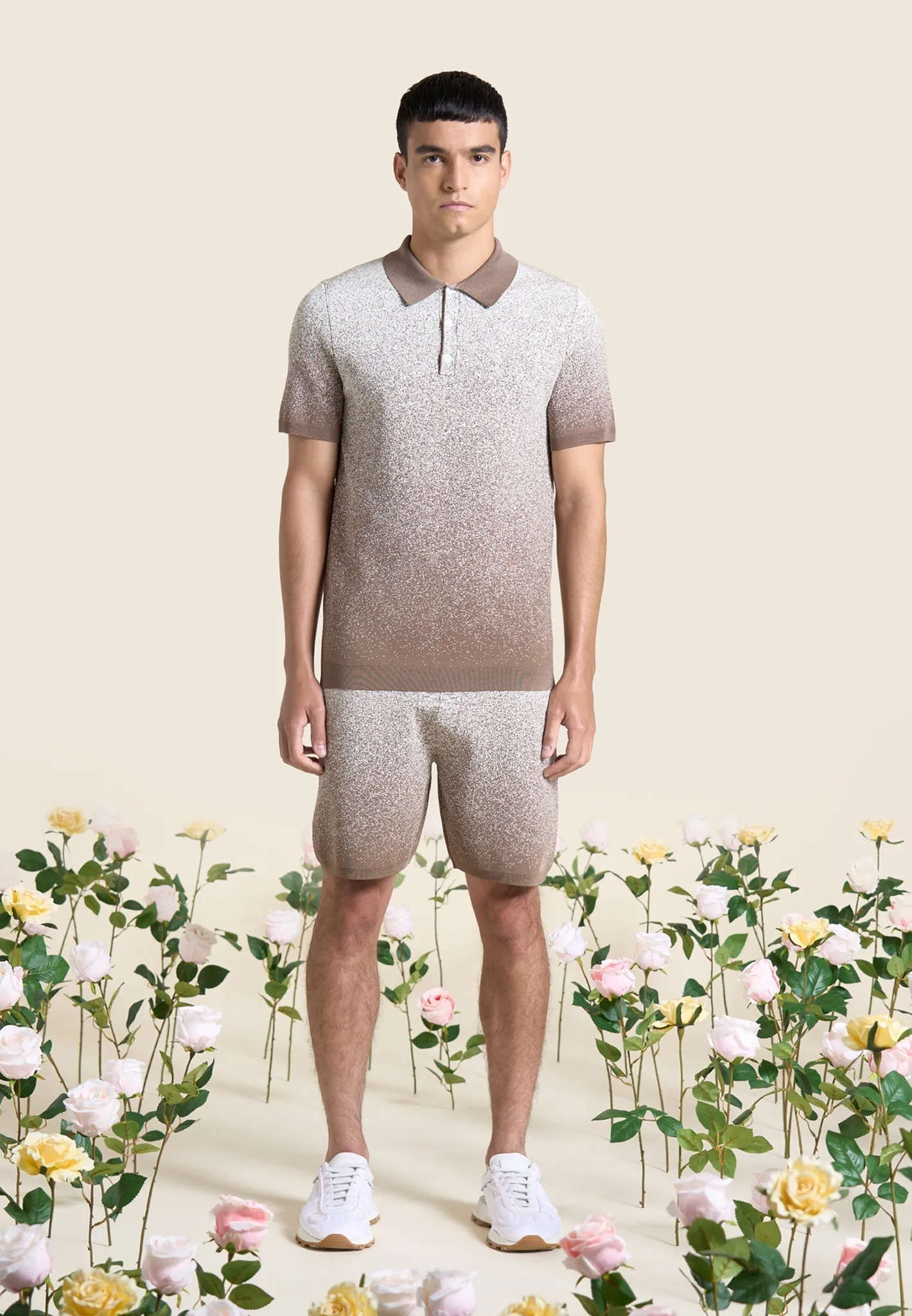 Ombré Knit Polo Top - Taupe/White