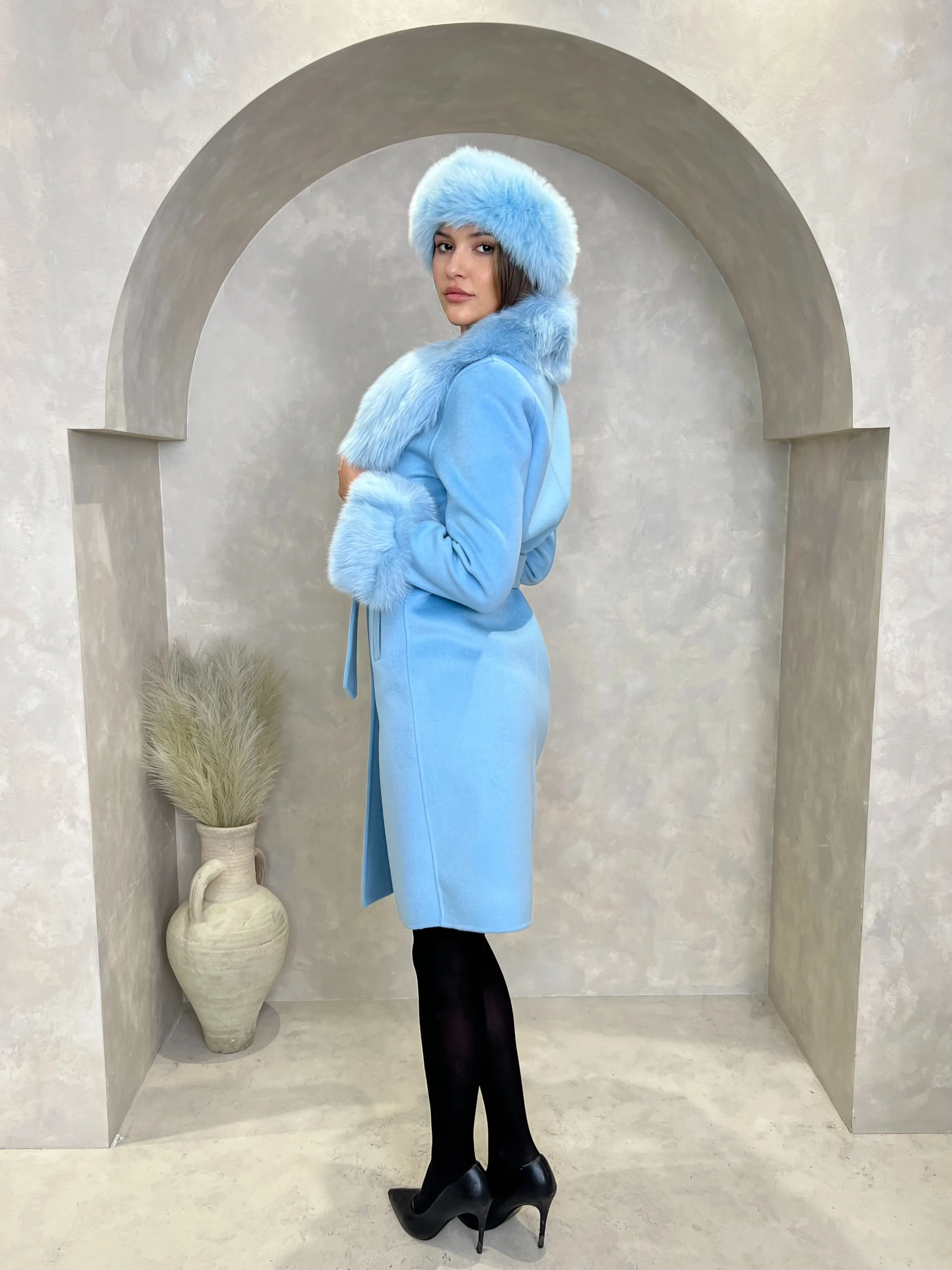 Pastel Blue Luxury Fur Cashmere Coat