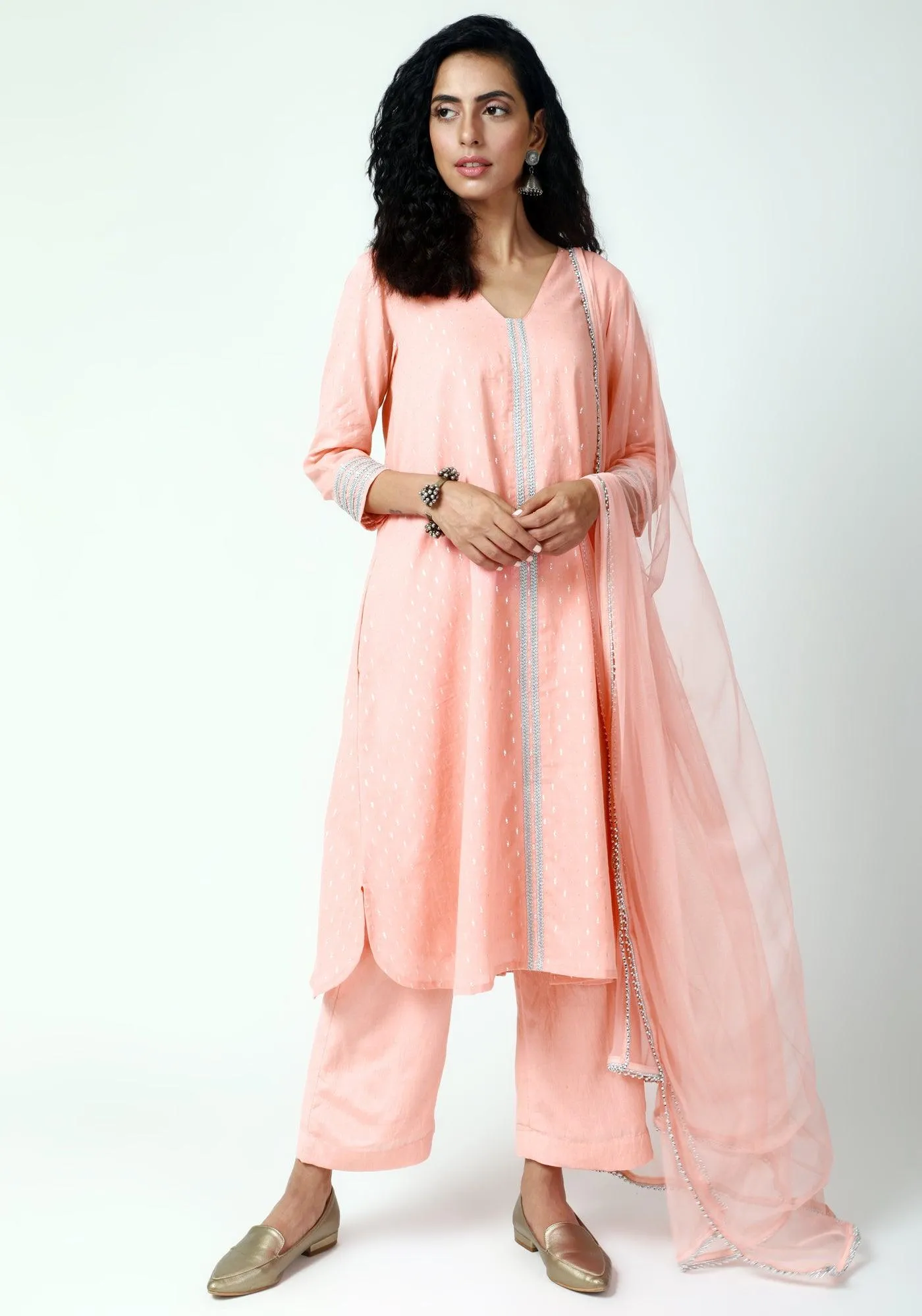 Peach Silver Laced Kurta-Pant-Dupatta