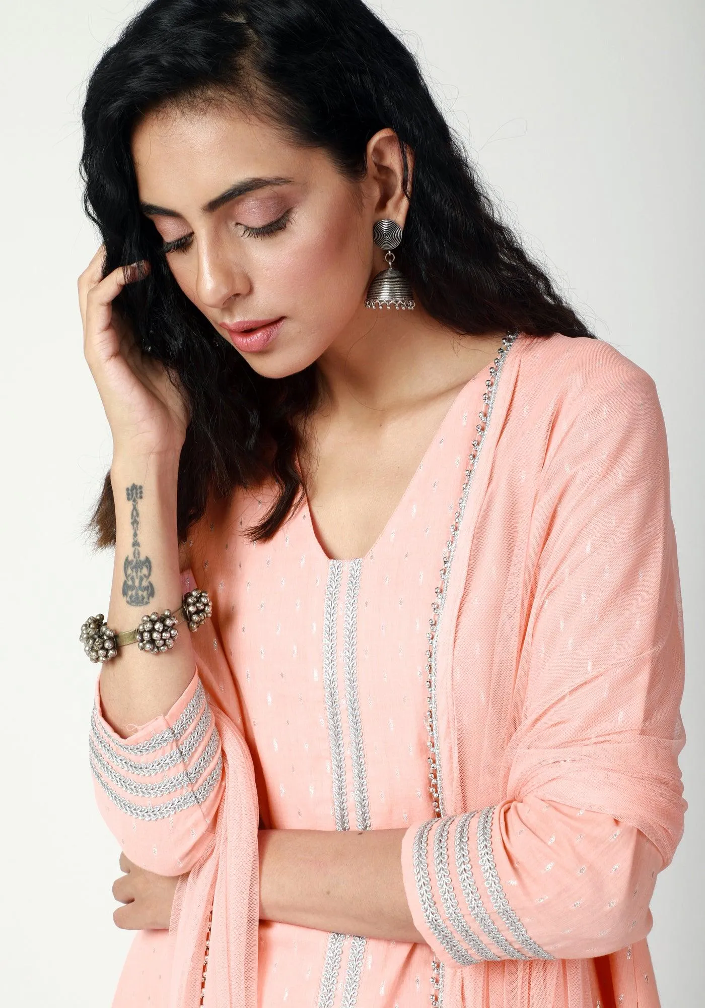 Peach Silver Laced Kurta-Pant-Dupatta