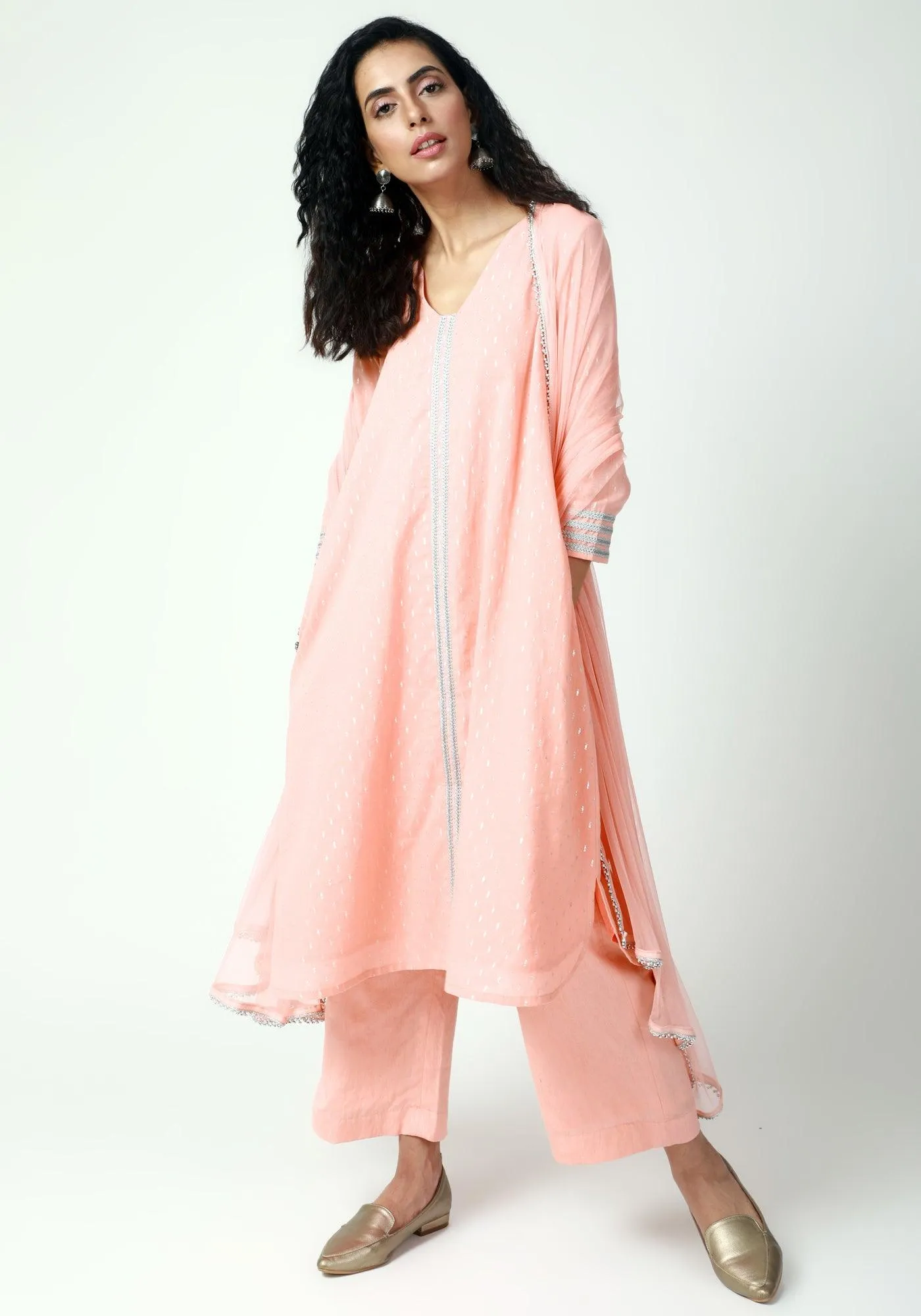 Peach Silver Laced Kurta-Pant-Dupatta