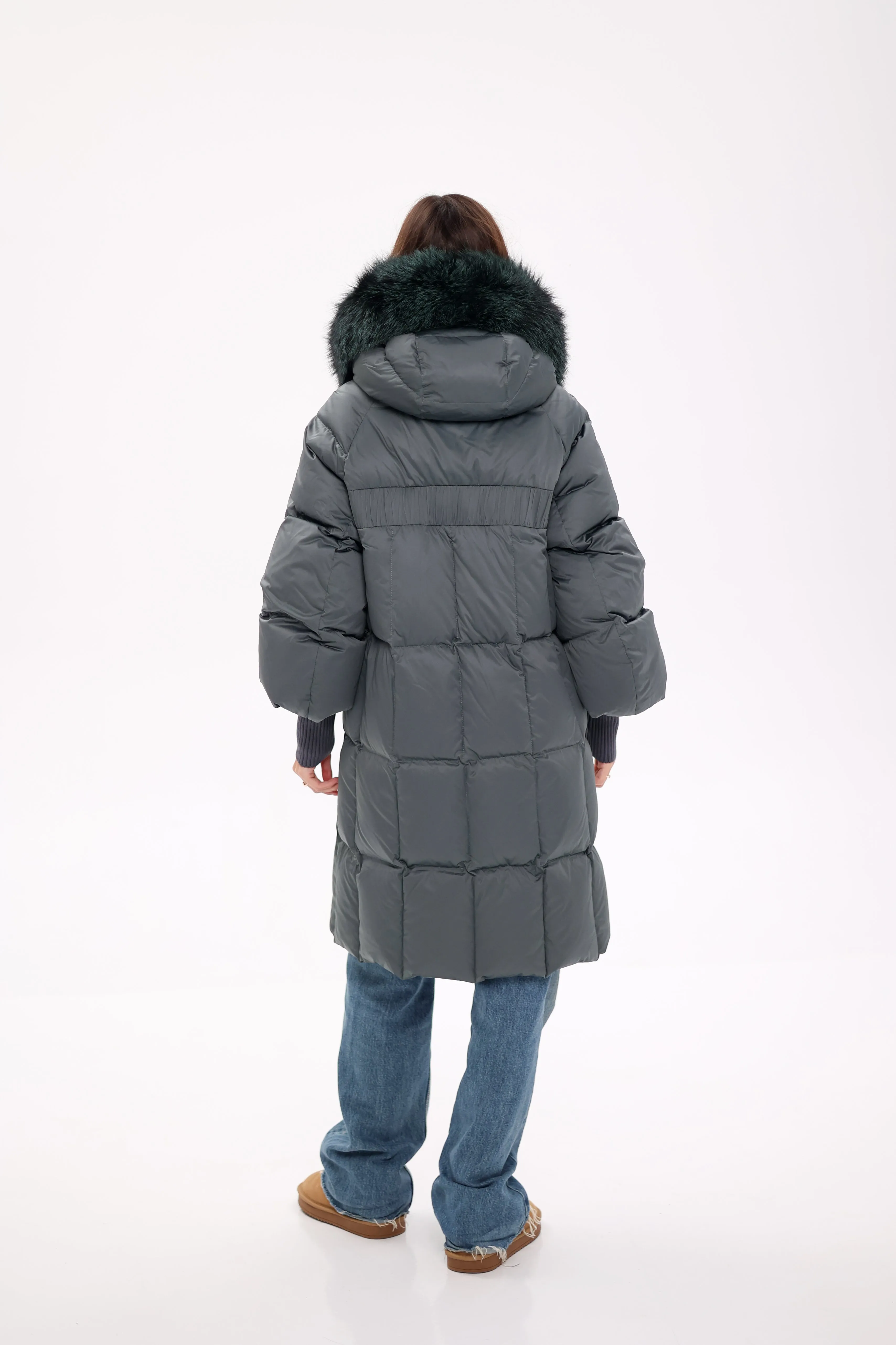 Pre-Order. Ships November 19. Genuine Polar Fox Fur Trim Down Coat in Forest Slate