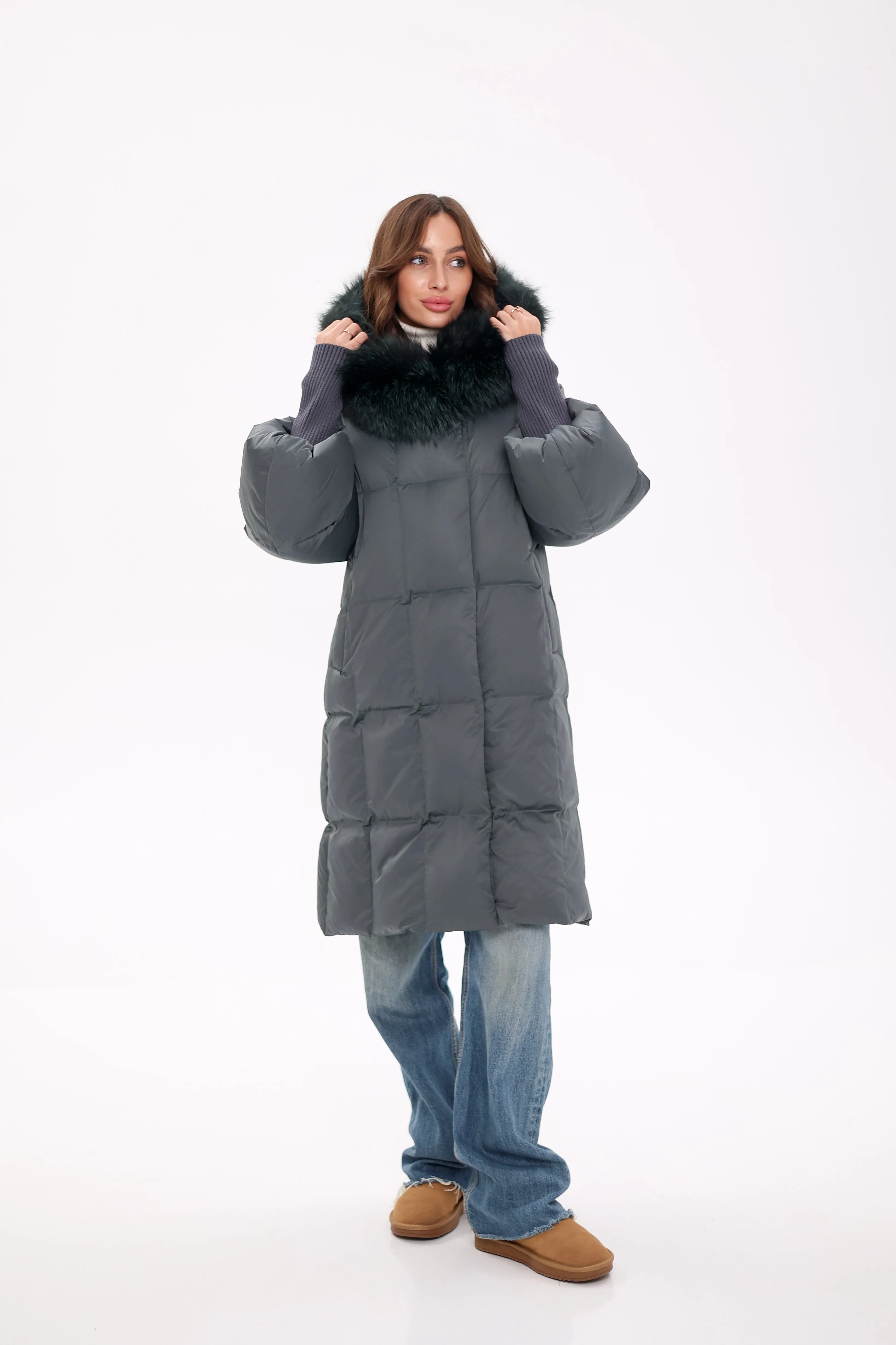 Pre-Order. Ships November 19. Genuine Polar Fox Fur Trim Down Coat in Forest Slate